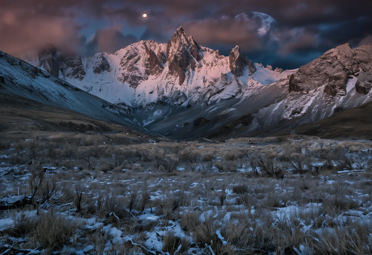 La mejor calidad, paisaje, noche, esrellas, luna, luciernagas, campo verde, oscuridad, bosque en segundo plano, Snow-capped mountains in the foreground, calidad muy alta, muchos detalles, hierba verde oscura, sombras azuladas, luciernagas volando, small moon, noche oscura, sin nieve en primer plano, There must be a river in the background, completamente de noche, luciernagas volando, luz de luciernagas.