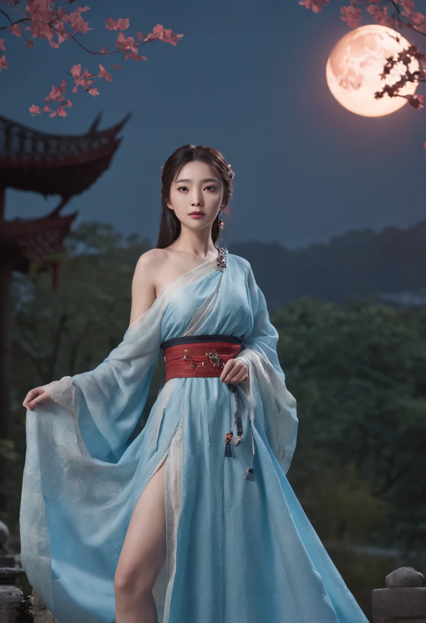in a panoramic view,magic realism, anime big breast,Masterpiece, hyper HD, Super detail, High details, Best quality, A high resolution, A high resolution, Award-Awarded, Award-Awarded, Anatomically correct, 8K,),(full moon,holding hands in the moonlight,Peaceful night sky in the background,Traditional romance, xianxia fantasy, Chinese fantasy, beautiful moonlight night, Chinese style, moonlit night dreamy atmosphere),(Boy in blue and anime girl in red dress:1.5,Delicate girl,beuaty girl,Chinese Hanfu,inspired by Leng Mei,Romantic atmosphere:1.5,Cinematic lighting,Chinese premium color scheme), One shoulder bare, Huge bust,乳溝,japanaese girl, 16 yaers old , Thin face, Small stature,, Slim waist, full bodyesbian,on the floor on all fours,