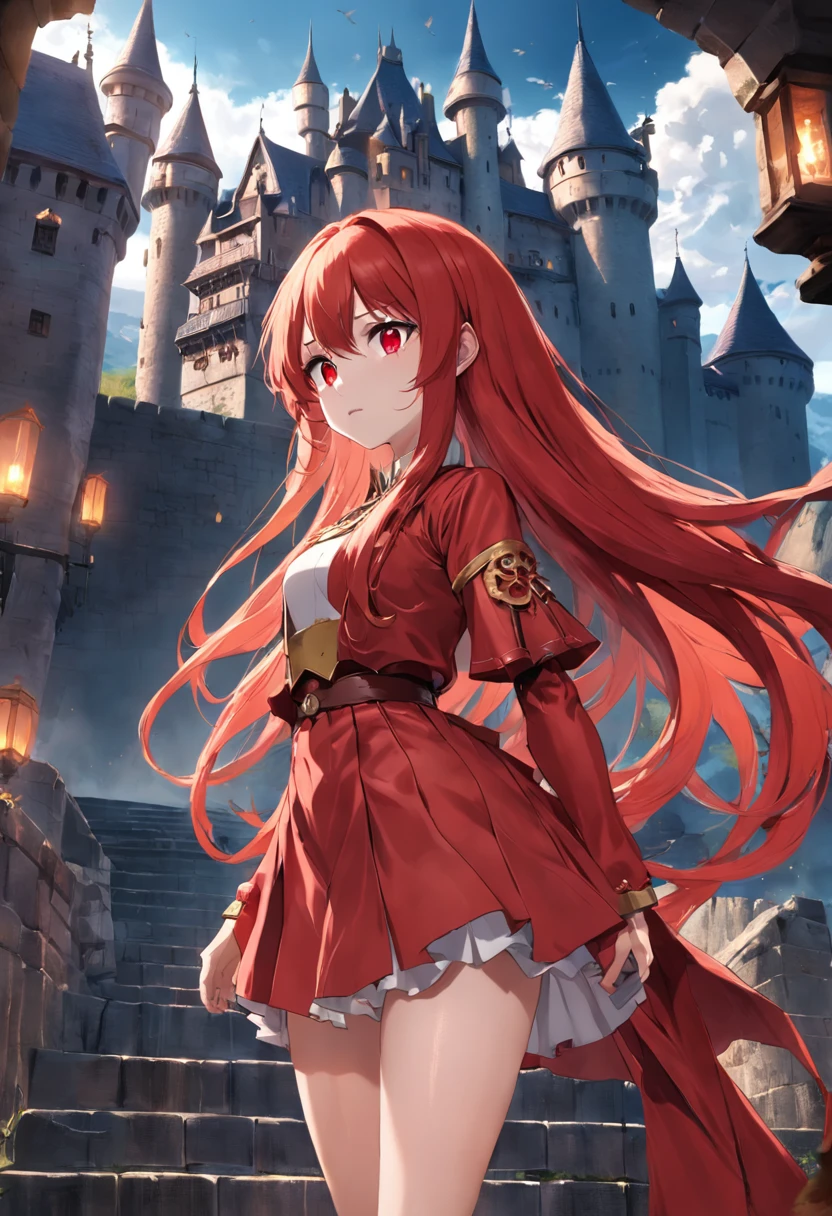 red color eyes，Red long-haired，Western，magia，Castle fantasy，yellow clothing，beautifullegs，Ultra photo realsisim, Castle，