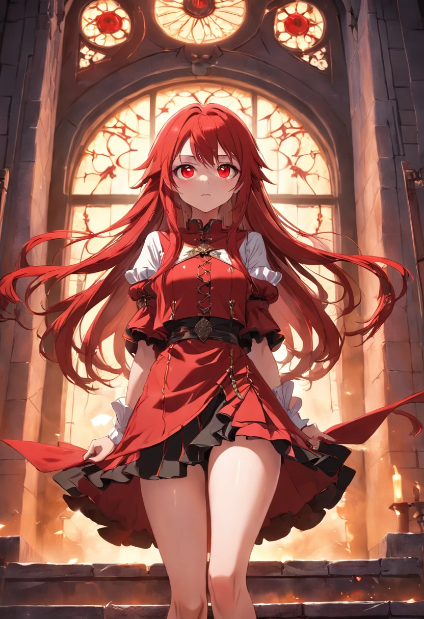 red color eyes，Red long-haired，Western，magia，Castle fantasy，yellow clothing，beautifullegs，Ultra photo realsisim, Castle，