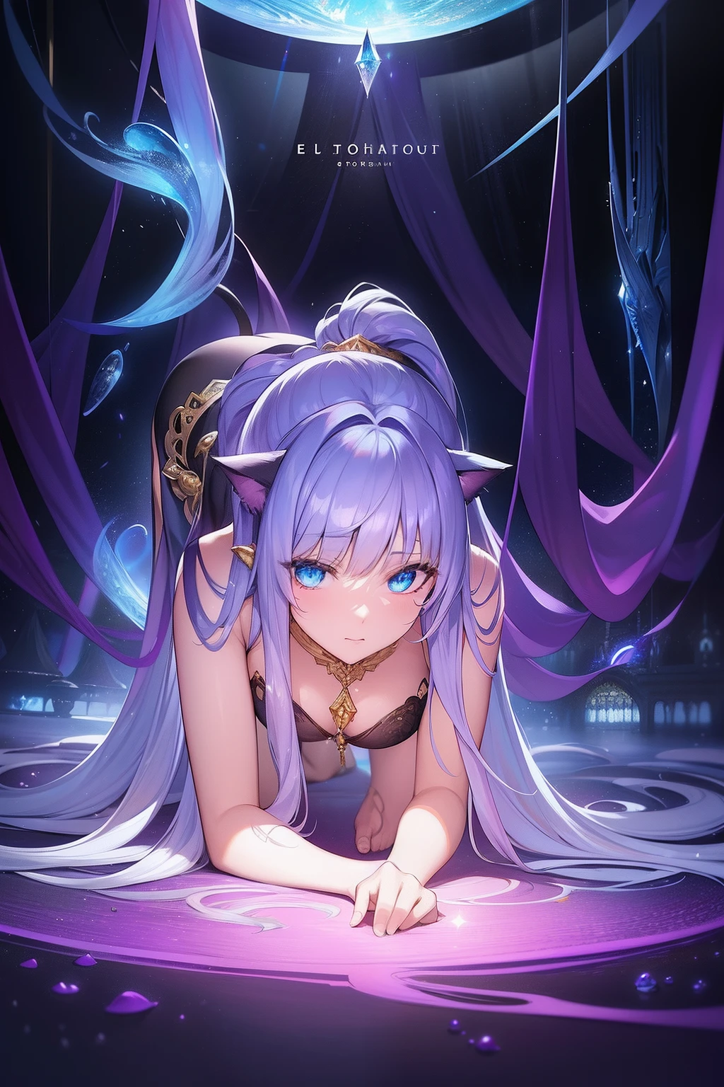 Cat's ears, Hair is purple, The glow of the rainbow envelops her,Gold Glow in Aquamarine Oriental Tent、Belly dancer in long white dress and blue blouse , on all fours, Iridescent sky, Crystal Ocean, Sea life,the golden hour, focus on chest, Focus on Eyes, Eyes open, Exposed , Cyberpunk, Full Focus, Focus on the face, Eyes, Nose and closed mouth , ultra detailed artistic photography, midnight aura, nigh sky, Detailed gorgeous face, Dreamy, blazing, Back lighting, Glamour, glimmer, shadowy, oil on canevas, brushstrokes, Smooth, Ultra high definition, unreal enginee 5, Ultra Sharp Focus,, ArtGerm, Roisch, nffsw, intricate artwork masterpieces, sinister, matte painting movie poster, Golden ratio, Trending on CGSociety, Convoluted, epicd, Trending on ArtStation, by artgerm, h. r. Giger and Bekssinski, Highly detailed, Vibrant, production cinematic character render, Ultra high quality model, Unreal,Motion Picture Film