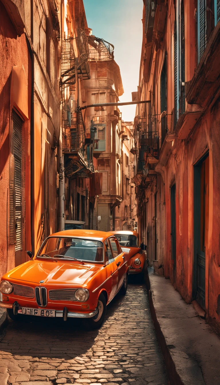 (Masterpiece, high resolution, Picturesque:1.2), BMW cars from the 1970s, (Vintage orange exterior:1.1), iconic design, Coastal harbor cruise, (Light reflection:1.2), bathed in sunlight, The sea breeze rustles, (Harbour view:1.1), The waves lapping against the shore, Mirror the city skyline, nostalgic ambiance, interplay of light and shadow, Rich layers, Captivating moments, Old world street view, Vintage feeling, Fading moments