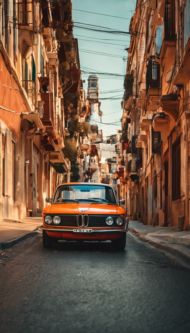 (Masterpiece, high resolution, Picturesque:1.2), BMW cars from the 1970s, (Vintage orange exterior:1.1), iconic design, Coastal harbor cruise, (Light reflection:1.2), bathed in sunlight, The sea breeze rustles, (Harbour view:1.1), The waves lapping against the shore, Mirror the city skyline, nostalgic ambiance, interplay of light and shadow, Rich layers, Captivating moments, Old world street view, Vintage feeling, Fading moments