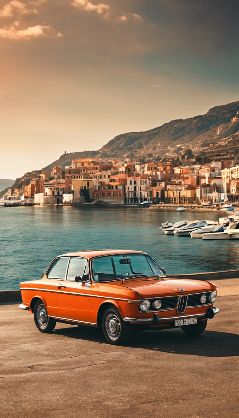 (Masterpiece, high resolution, Picturesque:1.2), BMW cars from the 1970s, (Vintage orange exterior:1.1), iconic design, Coastal harbor cruise, (Light reflection:1.2), bathed in sunlight, The sea breeze rustles, (Harbour view:1.1), The waves lapping against the shore, Mirror the city skyline, nostalgic ambiance, interplay of light and shadow, Rich layers, Captivating moments, Old world street view, Vintage feeling, Fading moments