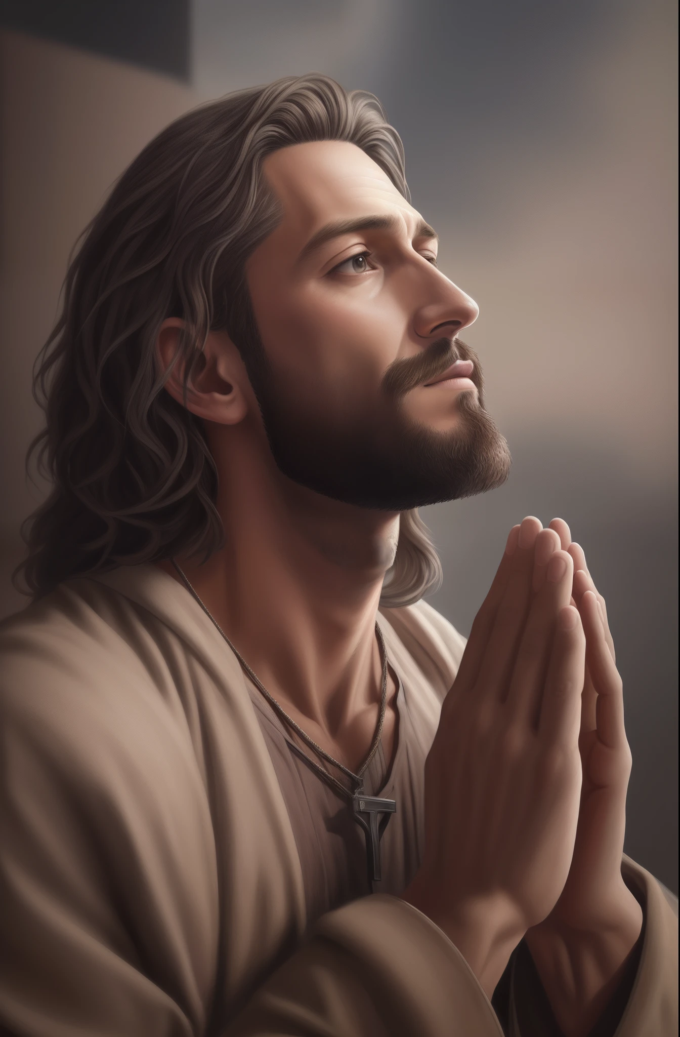 imagem arafed de um homem com cabelos longos e barba rezando, rendered illustration, pintado digitalmente, Retrato de Jesus Cristo, pintura digital realista, pintura digital detalhada, Jesus Cristo, baixo detalhamento. pintura digital, ultra realistic illustration, realistic illustration, arte renderizada, realistic digital illustration, pintura digital fotorrealista, imagem renderizada, holy man looking down at the ground, renderizado em corona