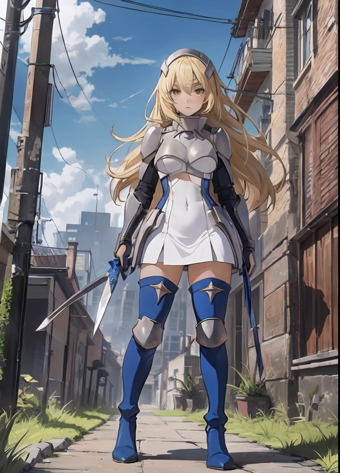 ais, 1girl, solo, blonde hair, armor, long hair, straight hair, thighhighs, boots, dress, yellow eyes, thigh boots, blue long boots, blue footwear, covered navel, breastplate, shoulder armor, gloves, white dress outdoor, sunny, standing