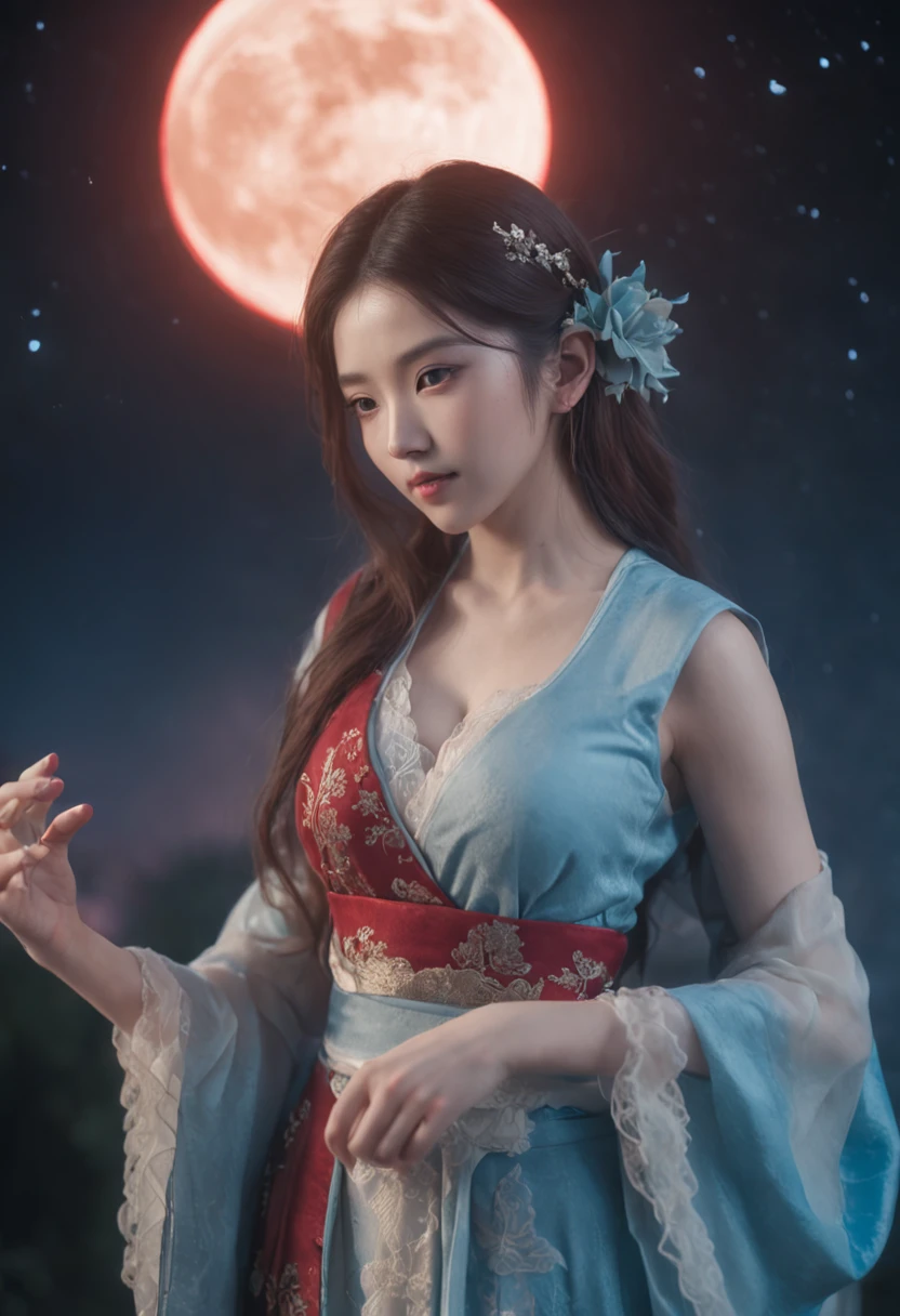 in a panoramic view,magic realism, anime big breast,Masterpiece, hyper HD, Super detail, High details, Best quality, A high resolution, A high resolution, Award-Awarded, Award-Awarded, Anatomically correct, 8K,),(full moon,holding hands in the moonlight,Peaceful night sky in the background,Traditional romance, xianxia fantasy, Chinese fantasy, beautiful moonlight night, Chinese style, moonlit night dreamy atmosphere),(Boy in blue and anime girl in red dress:1.5,Delicate girl,beuaty girl,Chinese Hanfu,inspired by Leng Mei,Romantic atmosphere:1.5,Cinematic lighting,Chinese premium color scheme), One shoulder bare, Huge bust,乳溝,japanaese girl, old , Thin face, Small stature,, Slim waist, full bodyesbian,on the floor on all fours,