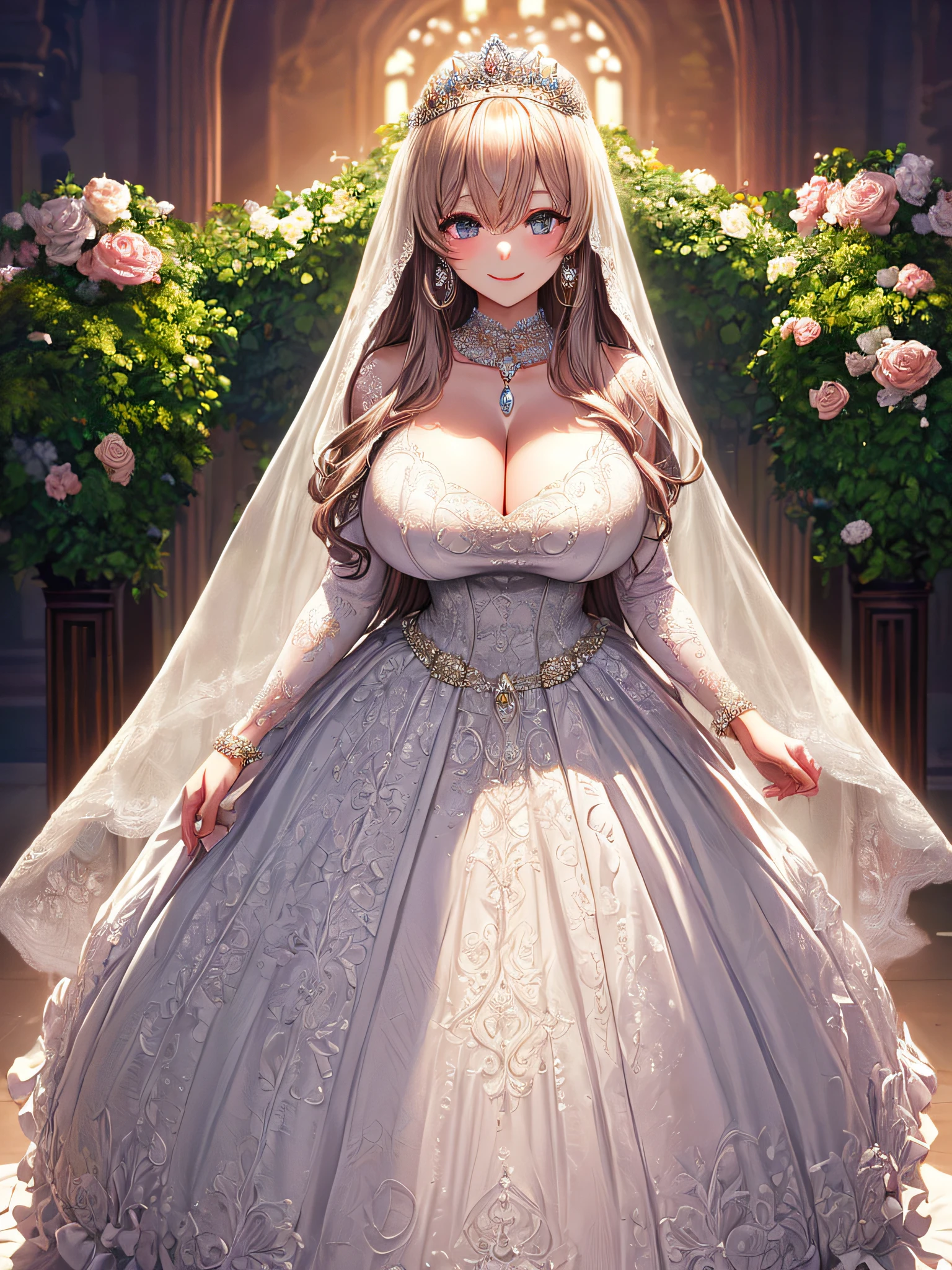 (masterpiece, best quality:1.2),1girl, (solo), cute, kawaii,digital art,((1 princess wearing beautiful embroidery and jeweled gorgeous wedding dress with voluminous full length hoop skirt)),crinoline,((voluminous frills)),gorgeous embroidery and beautiful lace,(very gigantic boobs,cleavage,skindentation),((shiny hair,Bangs between eyes,voluminous straight hair,extremely Long straight Hair)),(finely detailed face and eye),smile,extremely gorgeousfull jeweled tiara,((bling-bling gorgeous gemstone jewelry)),long wedding veil,((standing in beautiful garden)),flowers,flower petals flowing,((beautiful embroidery and jeweled gorgeous wedding dress with voluminous full length hoop skirt))