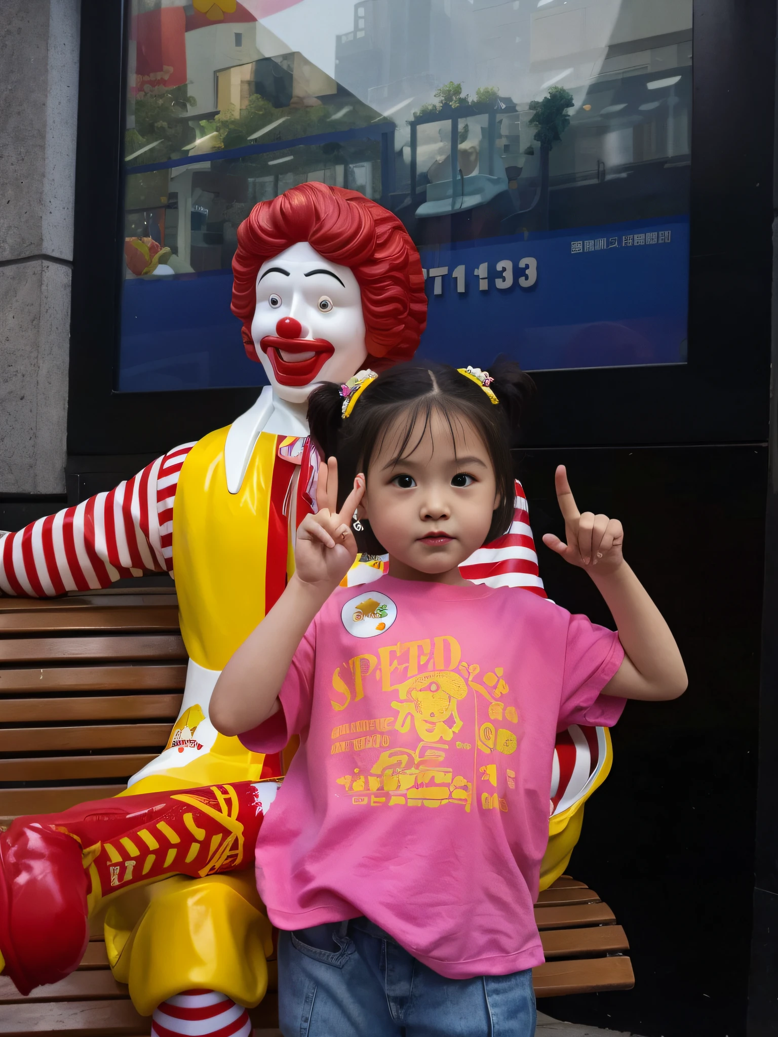 Statue of the clown and the girl sitting on a bench, Ronald MacDonald, Image of Ronald MacDonald, mcdonalds, mcdonalds, mc donalds, with a , Photo [ far ], kid, Golden arches, Children, Inspired by Ronald Ray, beijing, wei wang, lulu chen, giving the middle finger, Photo ( far _ Shot ), Lu Ji, with fries