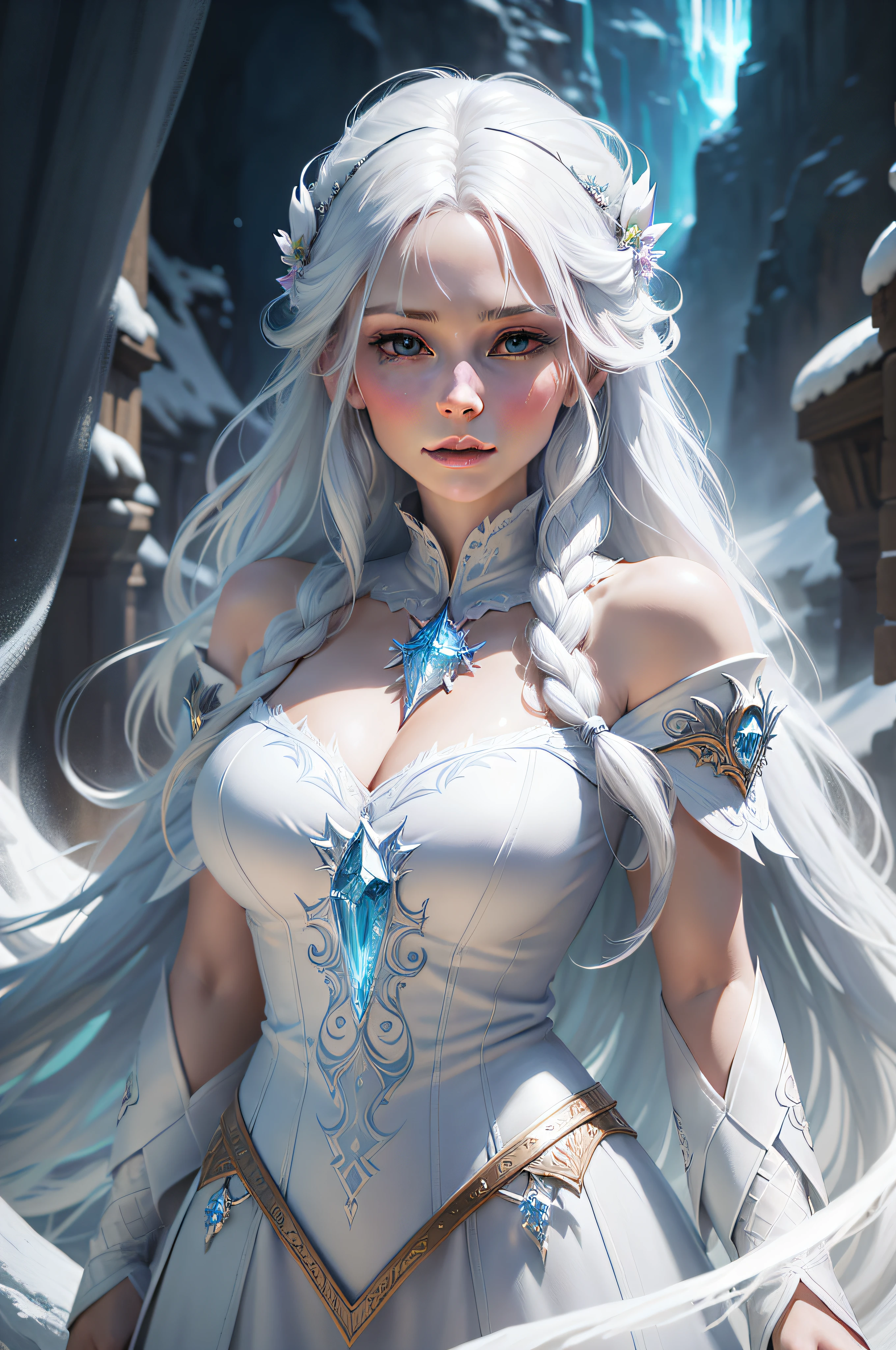 A woman with long white hair in a dress, Fantasy art style, beautiful fantasy art, detailed fantasy art,  portrait of elsa of arendelle, 4K fantasy art, Fantasy art Behance, Realistic fantasy illustration, Epic fantasy art style, detailed fantasy digital art, fantasy style art, fantasy art portrait, Realistic fantasy artwork, Epic fantasy digital art style，Urgent atmosphere
