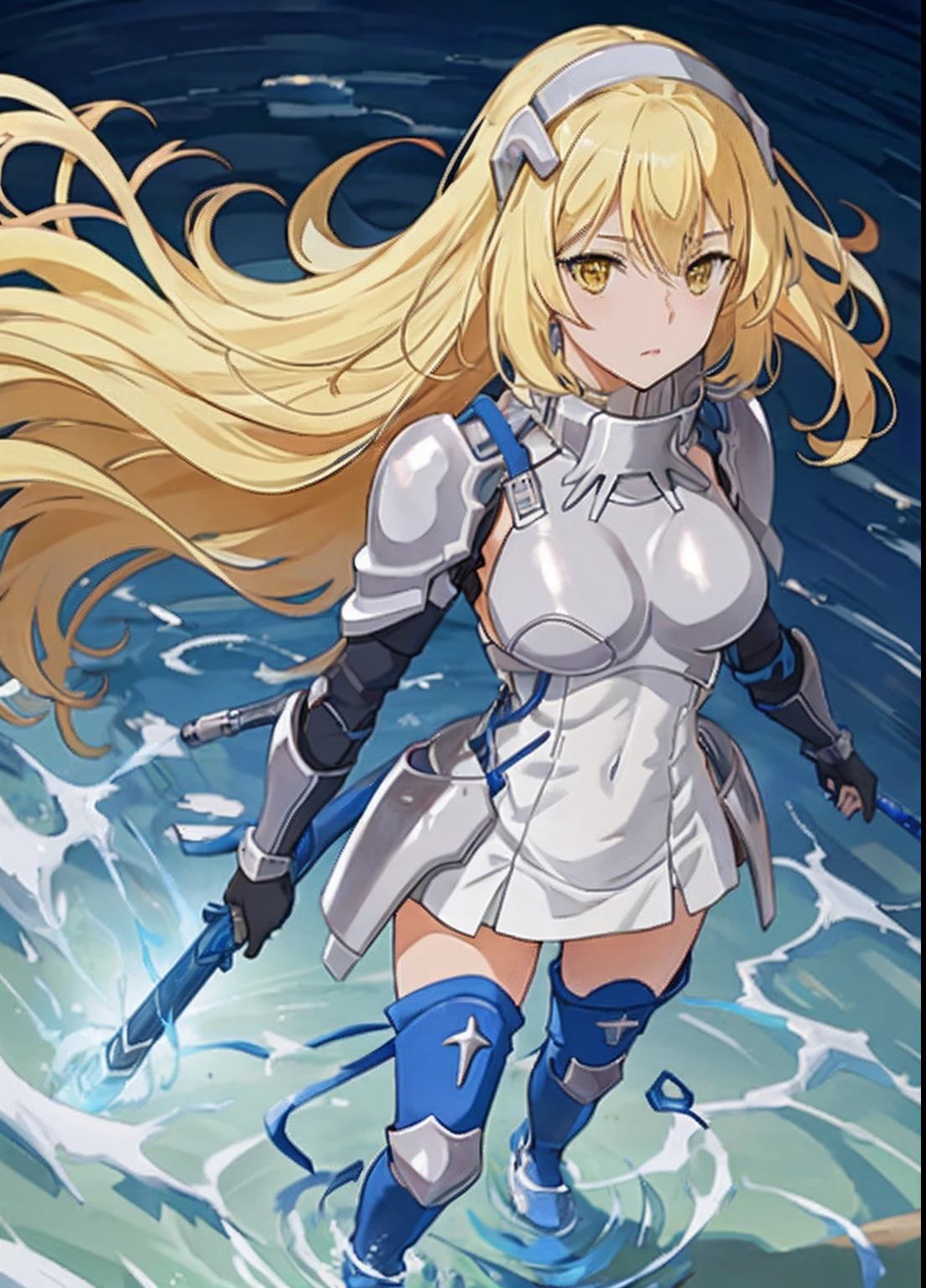 ais, 1girl, solo, blonde hair, armor, long hair, straight hair, thighhighs, boots, dress, yellow eyes, thigh boots, blue long boots, blue footwear, covered navel, breastplate, shoulder armor, gloves, white dress outdoor, sunny, standing