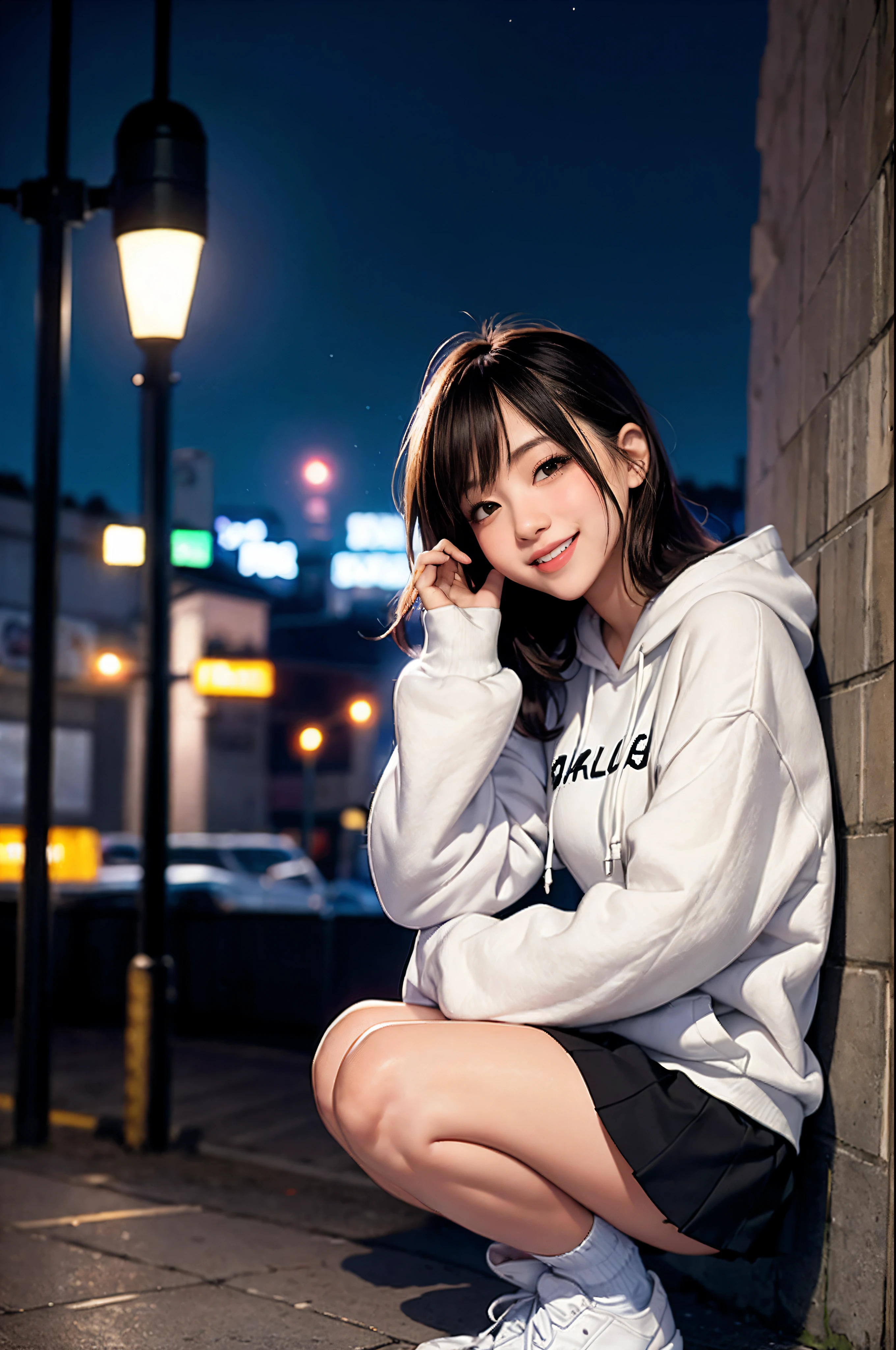 A girl whit hoodie and short skirt, Leaning on wall, city night background, night, cute and adorable, nice leg, shoes, cat is beside the girl, street lamp, lovely smile