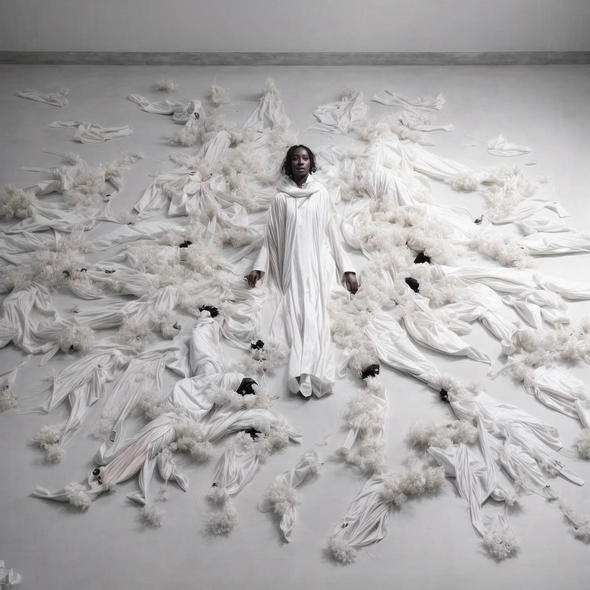 A woman lies in the room,Dark-skinned woman,There are a lot of white images of Arafard, Kim Hyun-joo, feng zhu |, Lu Ji, Spirits covered in drapery, Flowing white robe, Creepy!!, inspired by Vanessa Beecroft, author:Kim Jang Yeol, rei kawakubo artwork, su fu, jin kim, Heaven