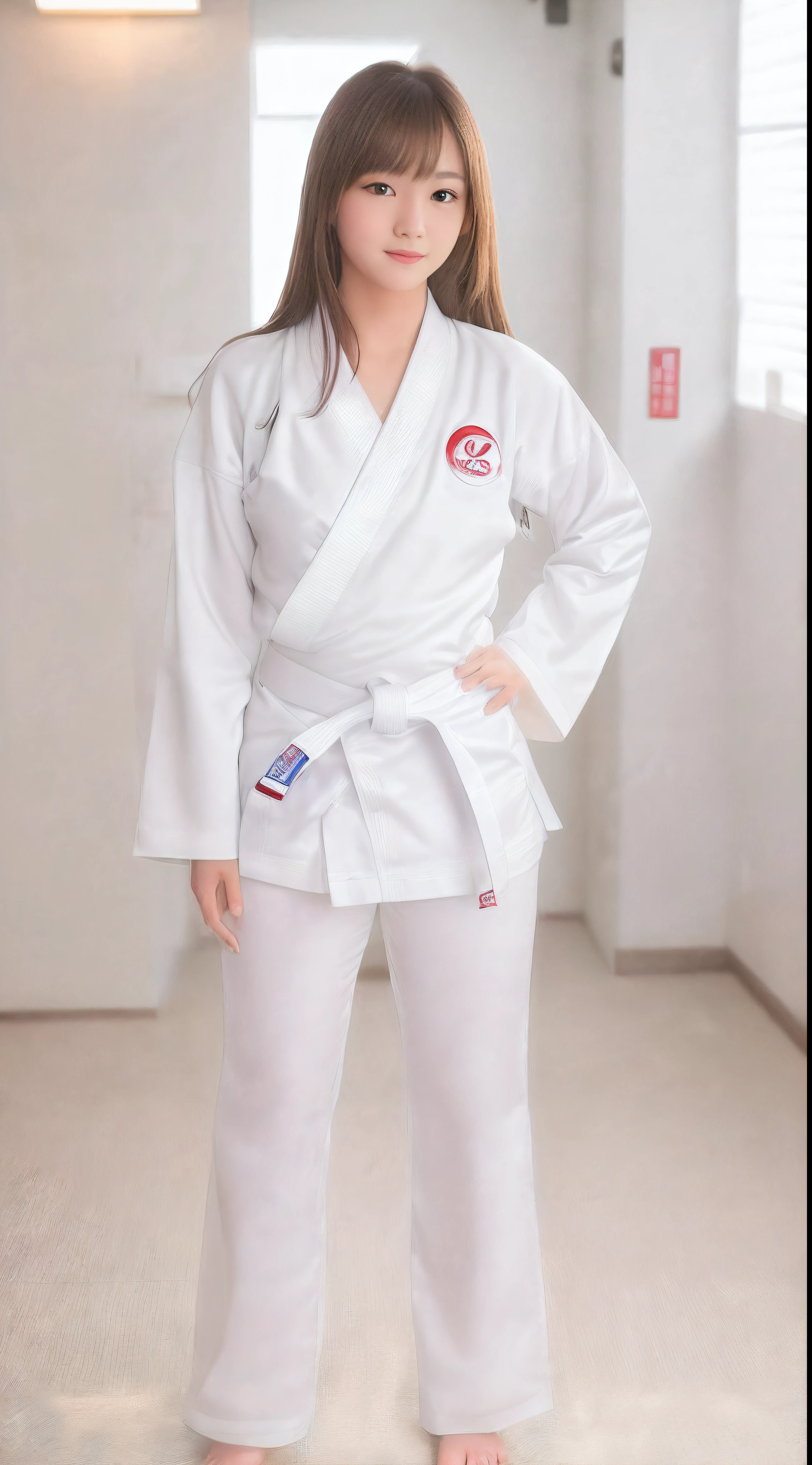 realphoto, Beautiful, Girl in white karate uniform, Bare legged, Sexy Standing Pose,(Full Body Portrait 1.1), ssmile, high-class sense, Gorgeous facial features, fascinated expression, light brown hair, age 17, fullllbody, tokyo prefecture, 8K
