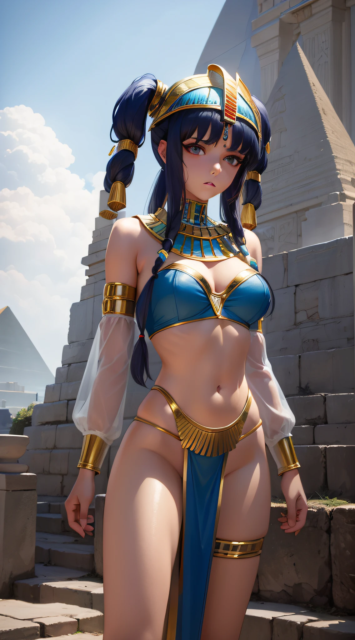 , cabelo azul curto, modelo, Egyptian, cleopatrah, deusa, standingn, Paisagem, pyramids behind, Short white and gold cloth covering her private parts in a sensual way