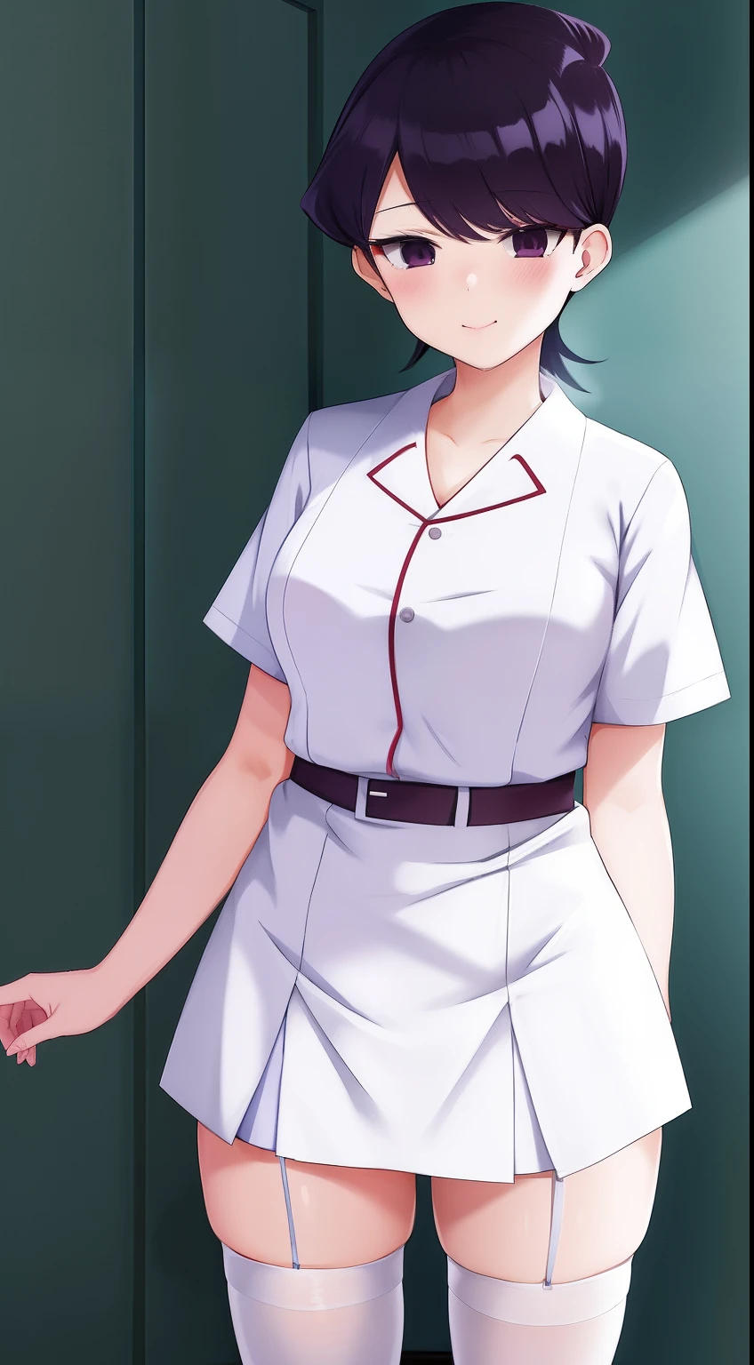 pixel-Komi-Shuuko, 1girl, solo 1girl, nurse's uniform, white stockings, hospital, masterpiece, best quality