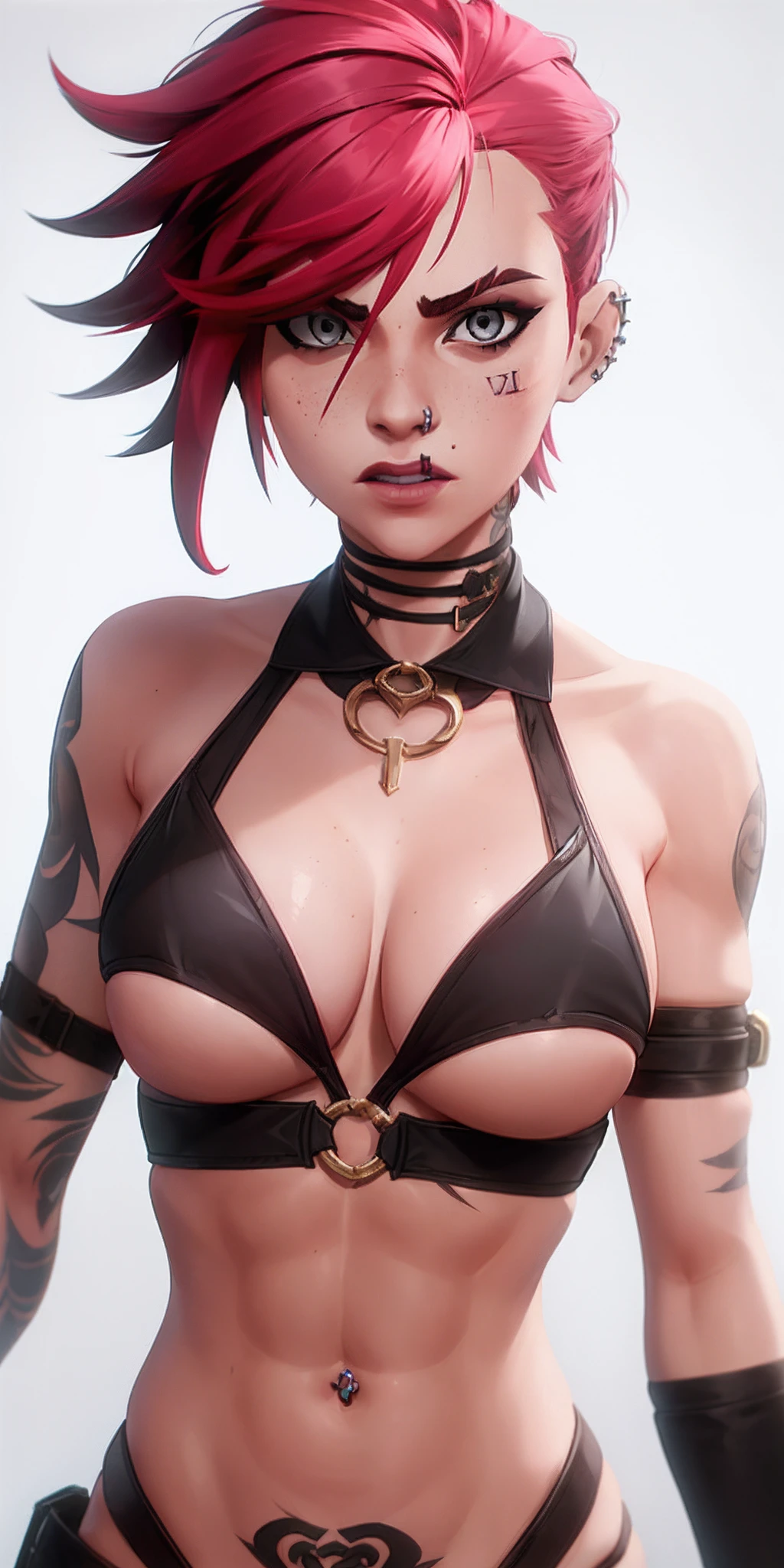 arcane style,
1girl, abs, alternate costume, arm tattoo, portrait, asymmetrical bangs, bandaid, short hair, bangs, breasts, freckles, grey eyes, large breasts, looking at viewer, neck tattoo, nose piercing, piercing, pink hair, scar, scar on face, scar on mouth, solo, stomach, tattooon face, teeth, upper body, white background, vi \(league of legends\)
, ((masterpiece))