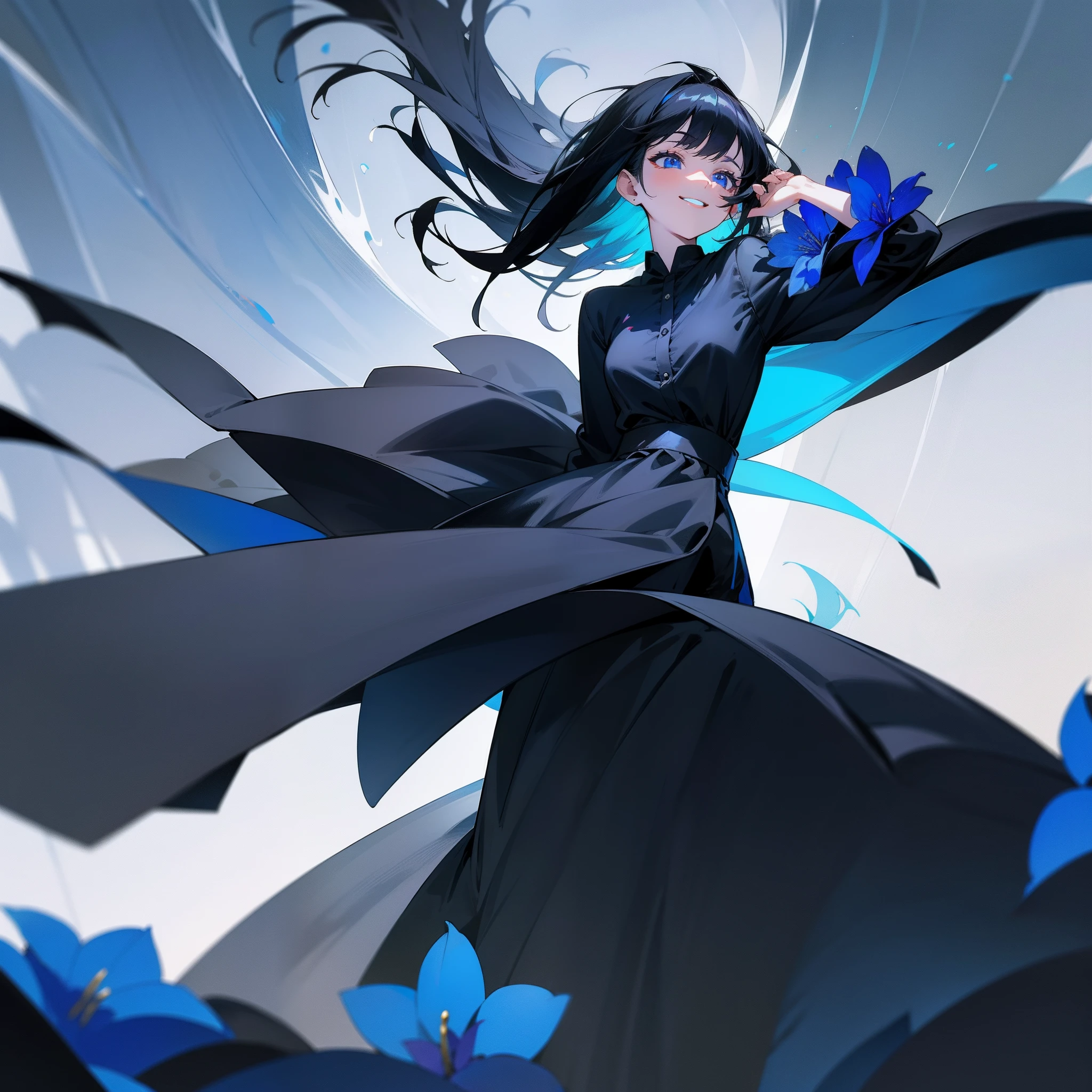 A grinning girl,Dark black hair,Bright blue eyes,Black velvet shirt,Black silk long dress,The skirt swings in the wind,One palm presses against the hair,It is surrounded by blue flowers