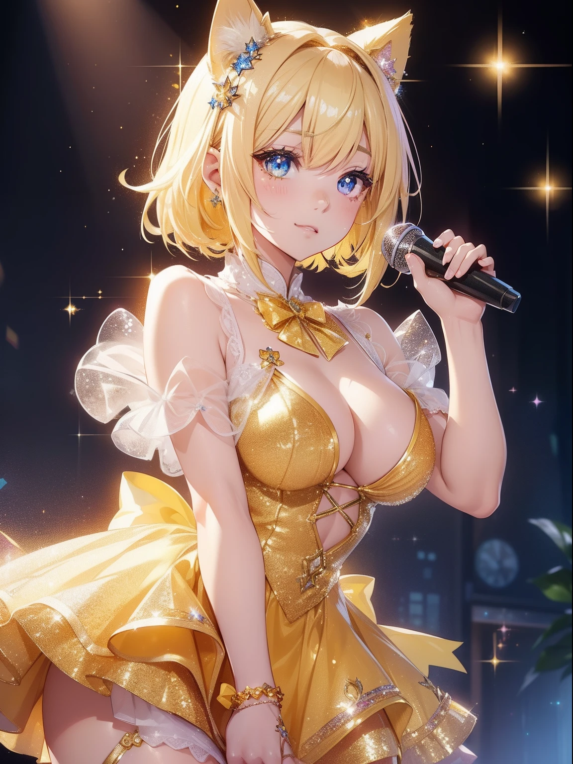 masutepiece, High resolution, 8K, anime woman, Delicate and detailed writing 、Detailed digital illustration、Short hair、perm、Shiny hair、Bangs、a very beautiful woman、Eyes are double, Large, Bust is D cup、High image quality, High quality、Detailed background、(((Wearing idol clothes)))、((Glittering live stage backdrop))、The inside of the eye shines like a diamond、Light yellow hair、Gradient pupil、(((2 arms、4 fingers, 1 thumb)))、Detailed female face、Very beautiful and cute woman、、细致背景、​masterpiece、Soft Focus , Bright gradient watercolor , Lens Flare , (((Glitter))) , Glow , Dreamy , (((Holding a glitter microphone in your hand)))、a miniskirt、Idol、Yellow Ribbon、Very beautiful yellow rose hair accessories、Yellow and gold costume with white as the main color、((Straight at the angle of the front))、Glitter Cat Ear Headband、(((Take an idle pose)))