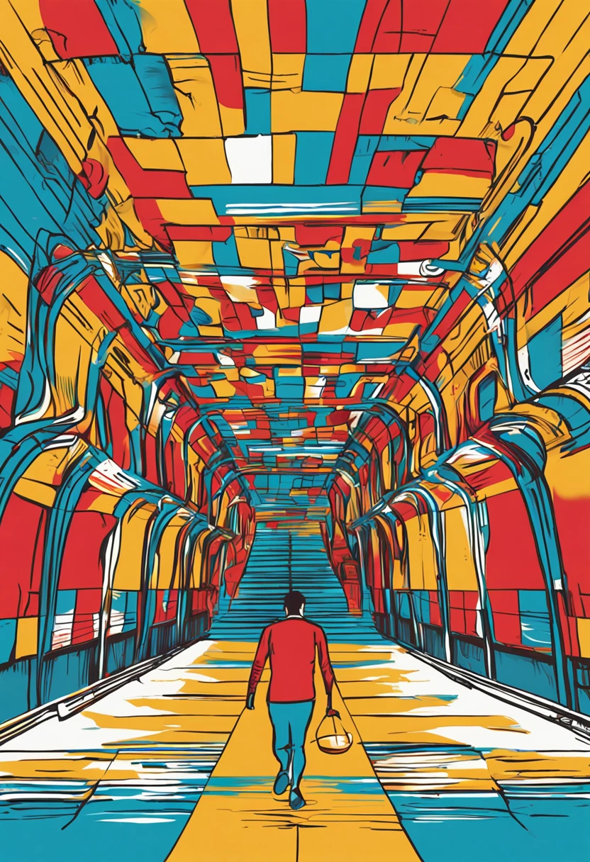 azul: 1.5, vermelho: 1.1, Branco: 1.3, amarelo: 1.3, (anjos subindo e descendo escada), um homem olhando os anjos no inicio da escada, abstract lines and background circles