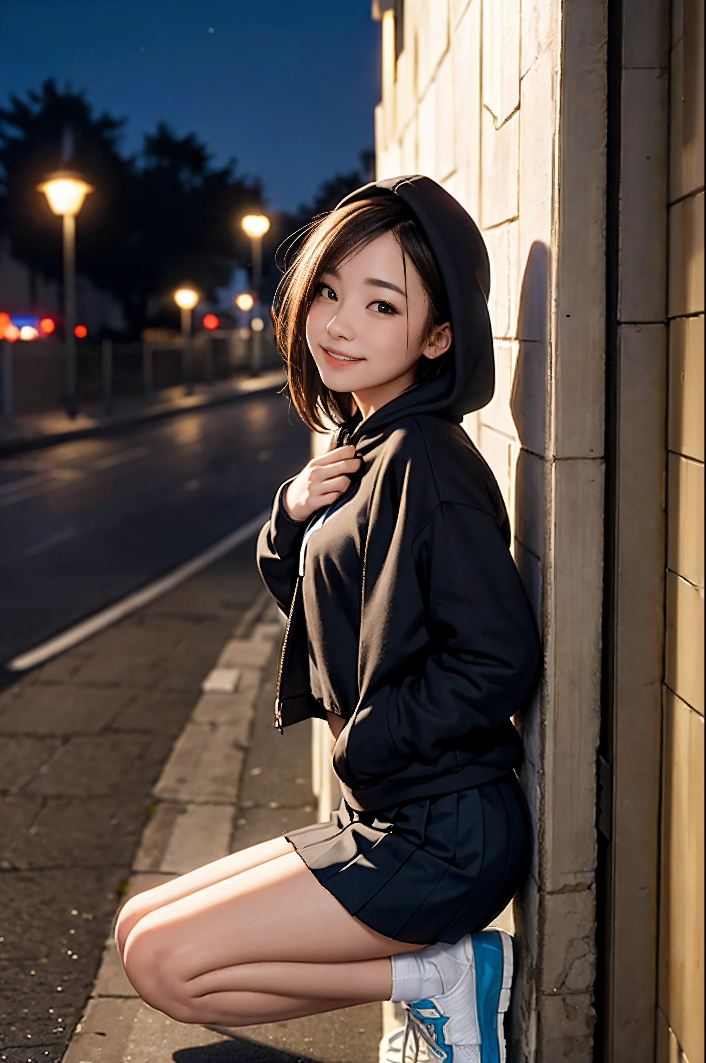 A woman with hoodie and short skirt, Leaning on wall, city night background, night, cute and adorable, nice leg, shoes, cat is beside the woman, street lamp, lovely smile