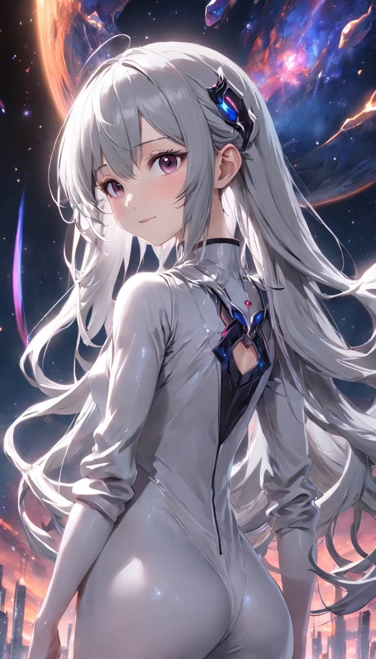 Space art, woman,grey hair,gaming,Slender figure,perfectly proportions,Delicate hair accessories,Sweet laugh,4K,.3D。"