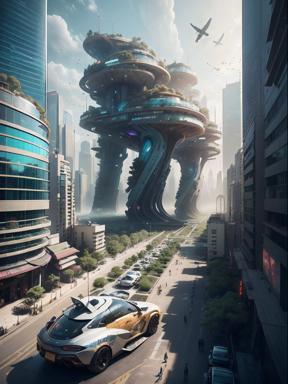 The unique and artistic buildings of Future Seoul are in harmony with nature, and the future city of Seoul is home to cutting-edge architecture and trendy culture. Numerous large hologram advertising screens and many people, #Architectural Art #Future 2100 Seoul Mega City #Many People #Flying Car. High quality and contrast photography, Unreal Engine 5, wide viewing angle, depth of field, ultra detail skin, color correction, crazy detail, color correction, surrealism, true live (highest quality, masterpiece, 4k, ultra detail, sharp focus, 8k, high definition, Incredibly detailed, composite: 1.2)