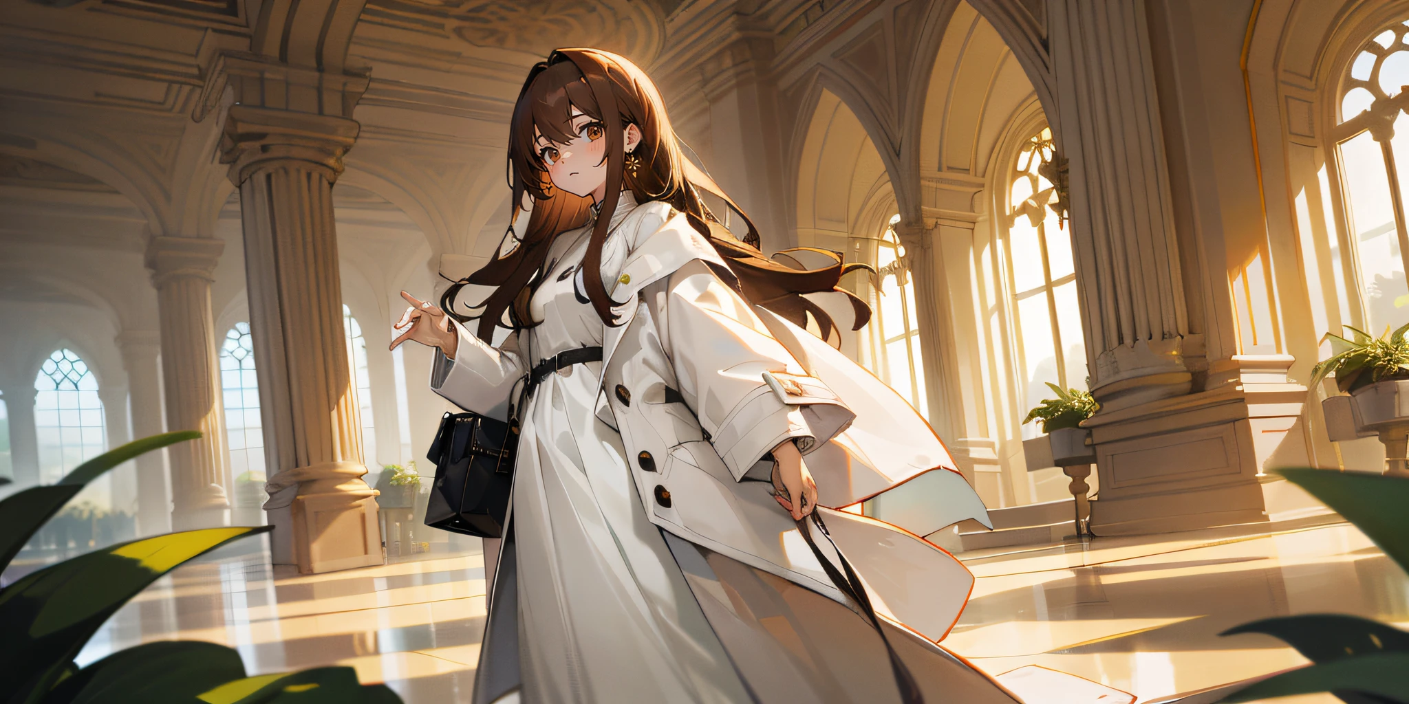 (masterpiece, best quality),long hair, brown hair, plant, looking at viewer, brown eyes, bag, white coat, long sleeves, indoors, holding, bangs, coat, solo focus, dress, standing,, white dress, 1girl, jewelry, earrings, hair between eyes, open clothes