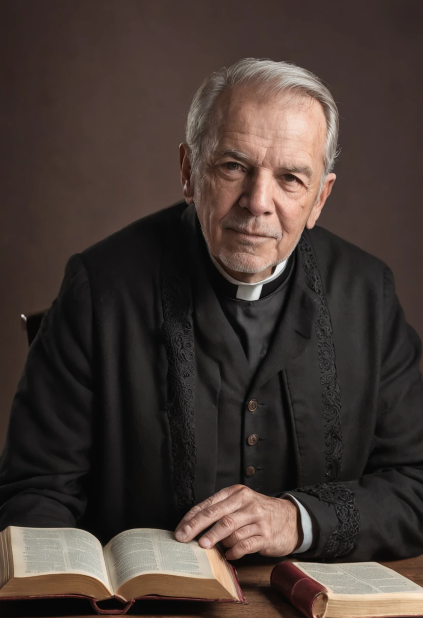 um homem de 50 anos, with black jacket, Reading the Bible from a pulpit, em uma velha igreja