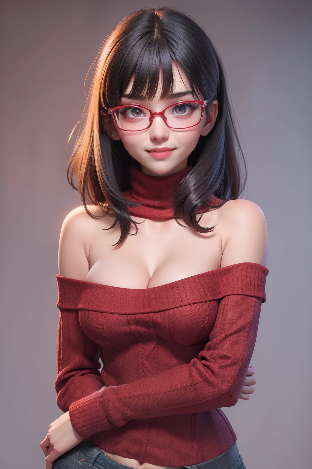 1 girl (18yo) glasses, upper body, slim waist, small breast, sexy pose, naugthy face, bangs, cleavage, navel, off shoulder, seductive smile, wear red sexy winter outfit, gray background