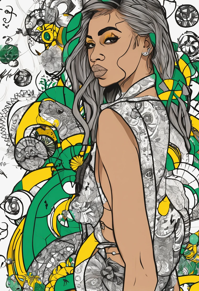 verde: 1.5, cinza: 1.1, Branco: 1.3, amarelo: 1.3, (rapper com cabelo Draw pavor), tatuagens, (roupas puffer do poder: 1.2), flor, folhas, Muito nevoeiro, linhas, background circles.