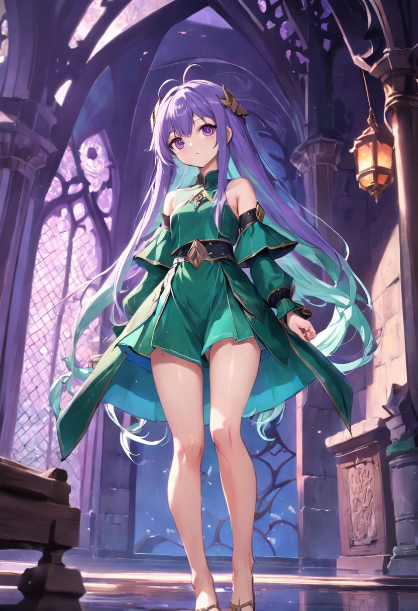 Purple eye，Long cyan hair，magia，Castle fantasy，Green clothes，Good-looking legs, Ultra photo realsisim, Castle，hair adornments，pointy-eared