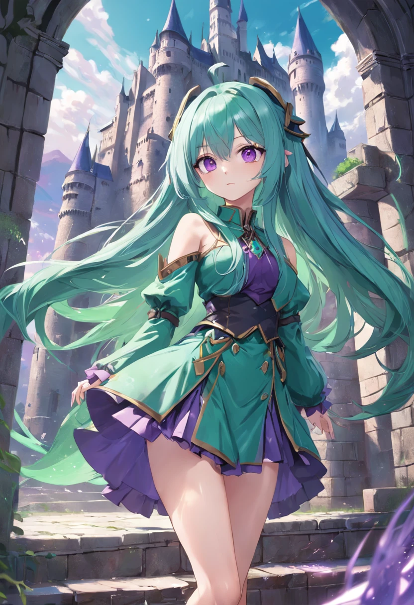 Purple eye,Long cyan hair,magia,Castle fantasy,Green clothes,Good-looking legs, Ultra photo realsisim, Castle,hair adornments,pointy-eared