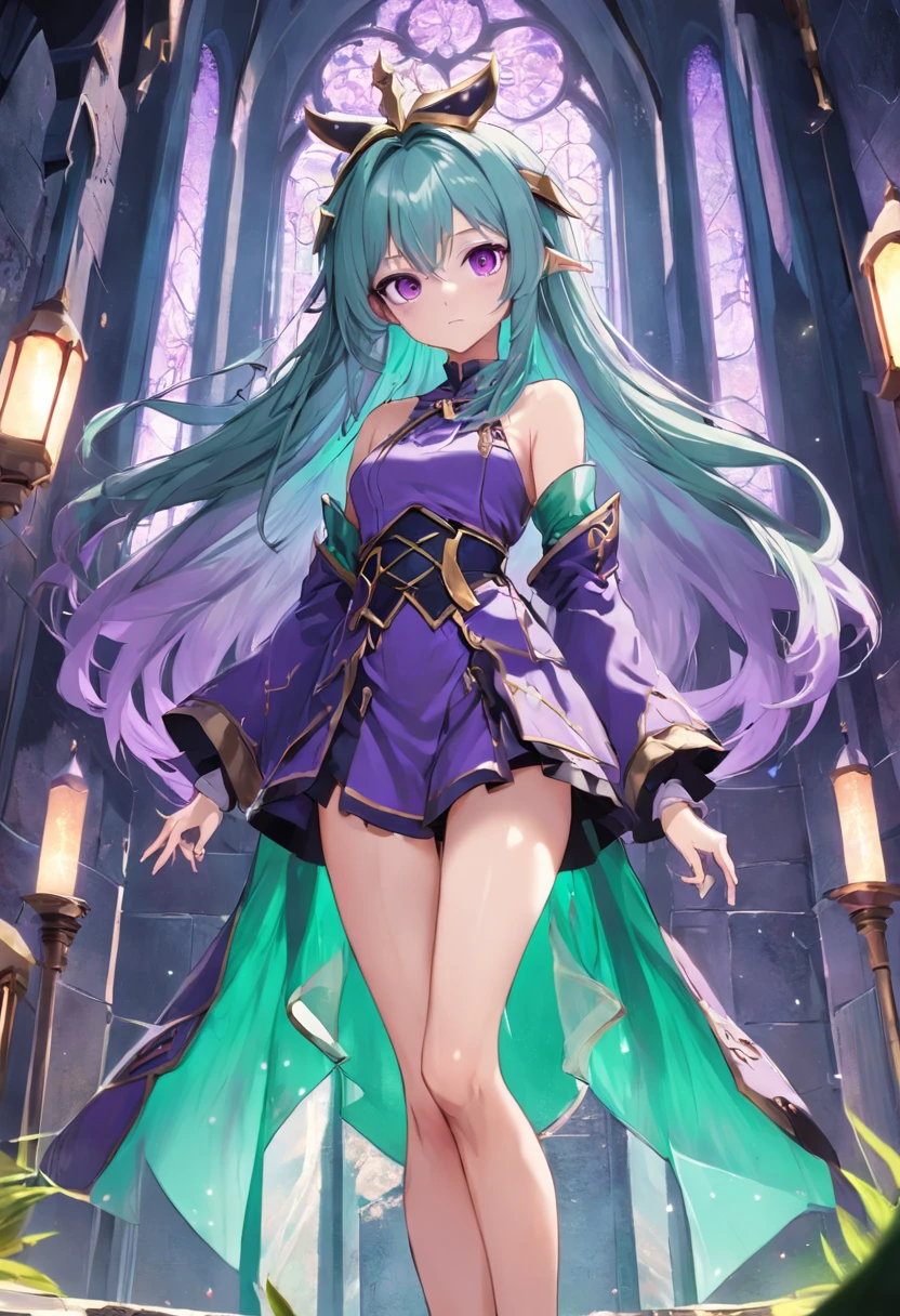Purple eye,Long cyan hair,magia,Castle fantasy,Green clothes,Good-looking legs, Ultra photo realsisim, Castle,hair adornments,pointy-eared
