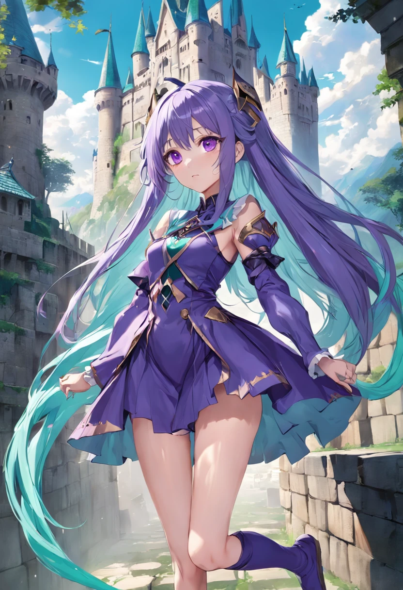 cyanhair,Purple eye,the elf,Castle,borgar,Western fantasy,Magical fantasy,Good-looking legs,