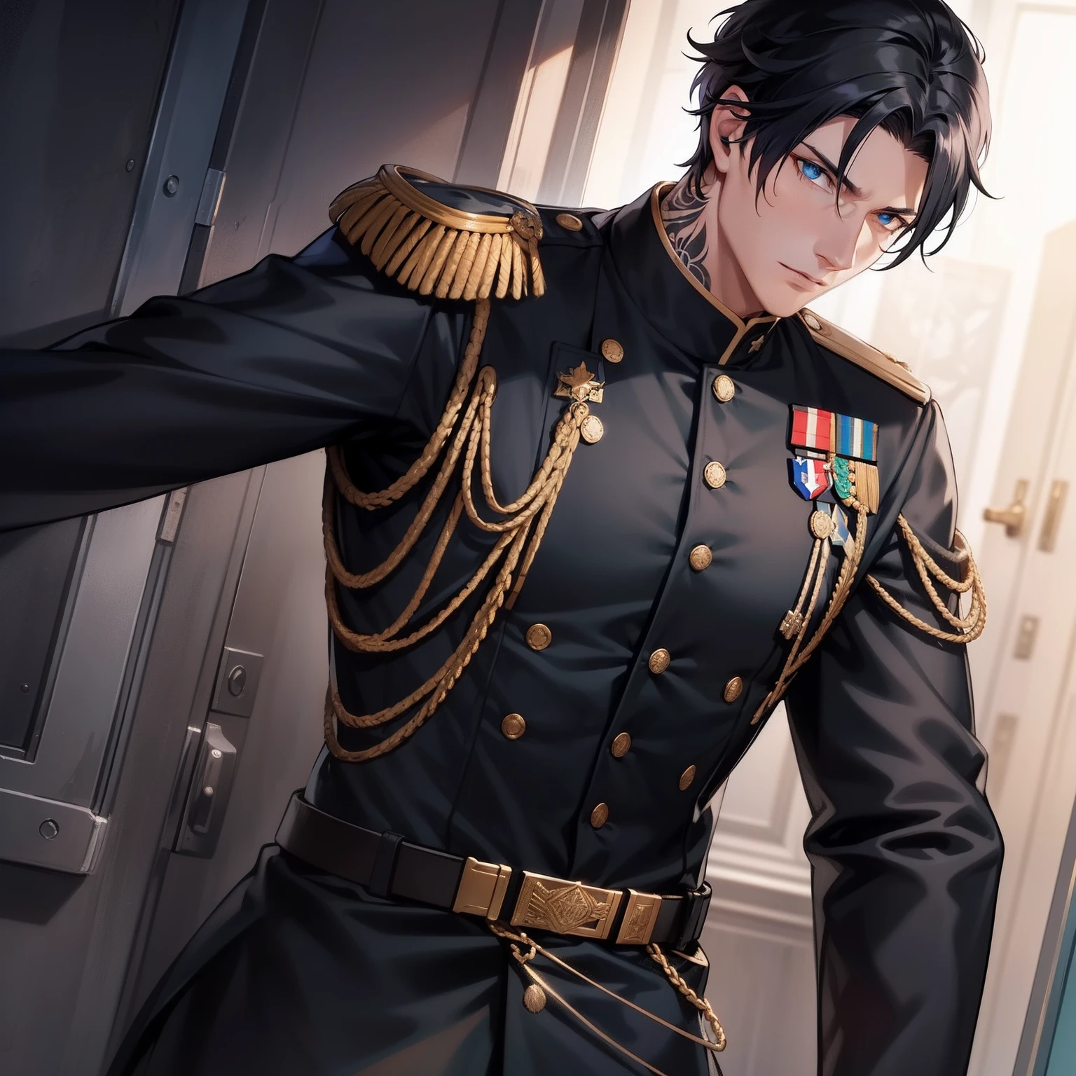Man, black hair with white hair streaks, blue eyes, tall, military, green military uniform, scars, tattoos, bulletproof vest, Military uniform