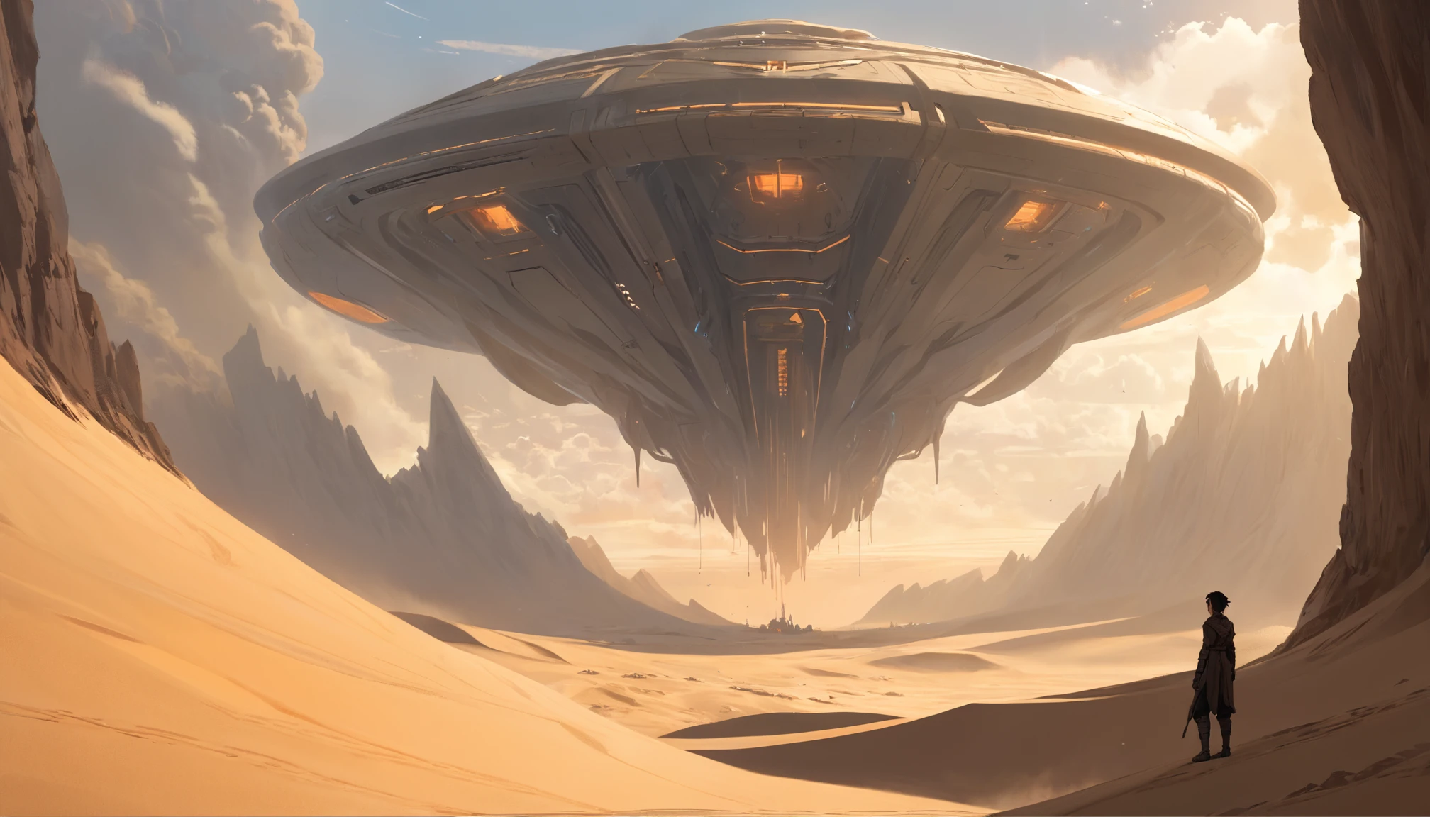 Dune concept art,Clean and neat tones,Sci-fi base scene,Huge scene,Square-shaped complex,American aesthetic architecture,huge buildings,There are many ships flying in the air, Size contrast, crowd of Soldiers versus soldiers,Big scenes of war,smog,epic concept art,Fine 8K,vray,Wasteland Science Fiction