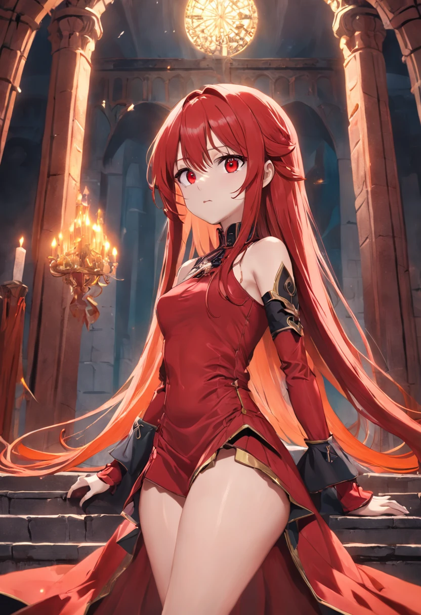score_9, score_8_up, score_7_up, score_6_up, score_5_up, score_4_up, source_アニメ, young girl, long hair, Bust Cup B , open-chest outfit, Abdominal revealing outfit, narrow waist, fit, Beautiful belly, Guillotine Cross shirt, breastplate, waist armor, Armor, red hair, metal hair accessories, red eyes, Sparkling eyes, Thirsty, tired, gasp, Drink water, sit, taking medicine,  His right hand holds a vial of Potions. , Thirsty, Drink Potions Glass Bottle Skull Shaped Clear Glass Crystal Potions Clear Red, light particles, Magical light