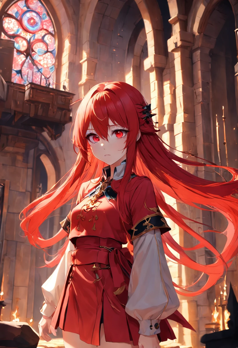 red color eyes,Red long-haired,Western fantasy,magia,Castle fantasy,yellow clothing,beautifullegs,Ultra photo realsisim, Castle,hair pin
