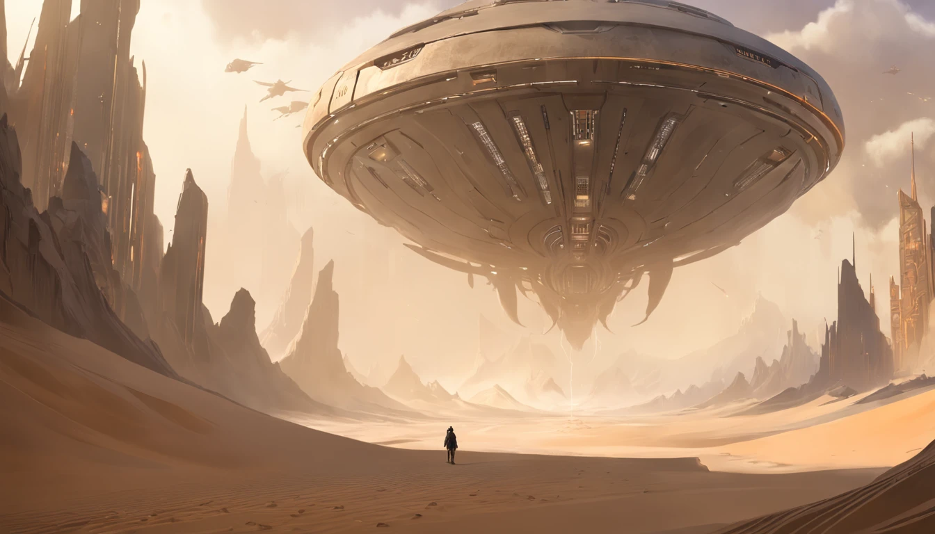 Dune concept art，Clean and neat tones，Sci-fi base scene，Huge scene，Square-shaped complex，American aesthetic architecture，huge buildings，There are many ships flying in the air， Size contrast， crowd of Soldiers versus soldiers，Big scenes of war，smog，epic concept art，Fine 8K，vray，Wasteland Science Fiction, wide angle scene