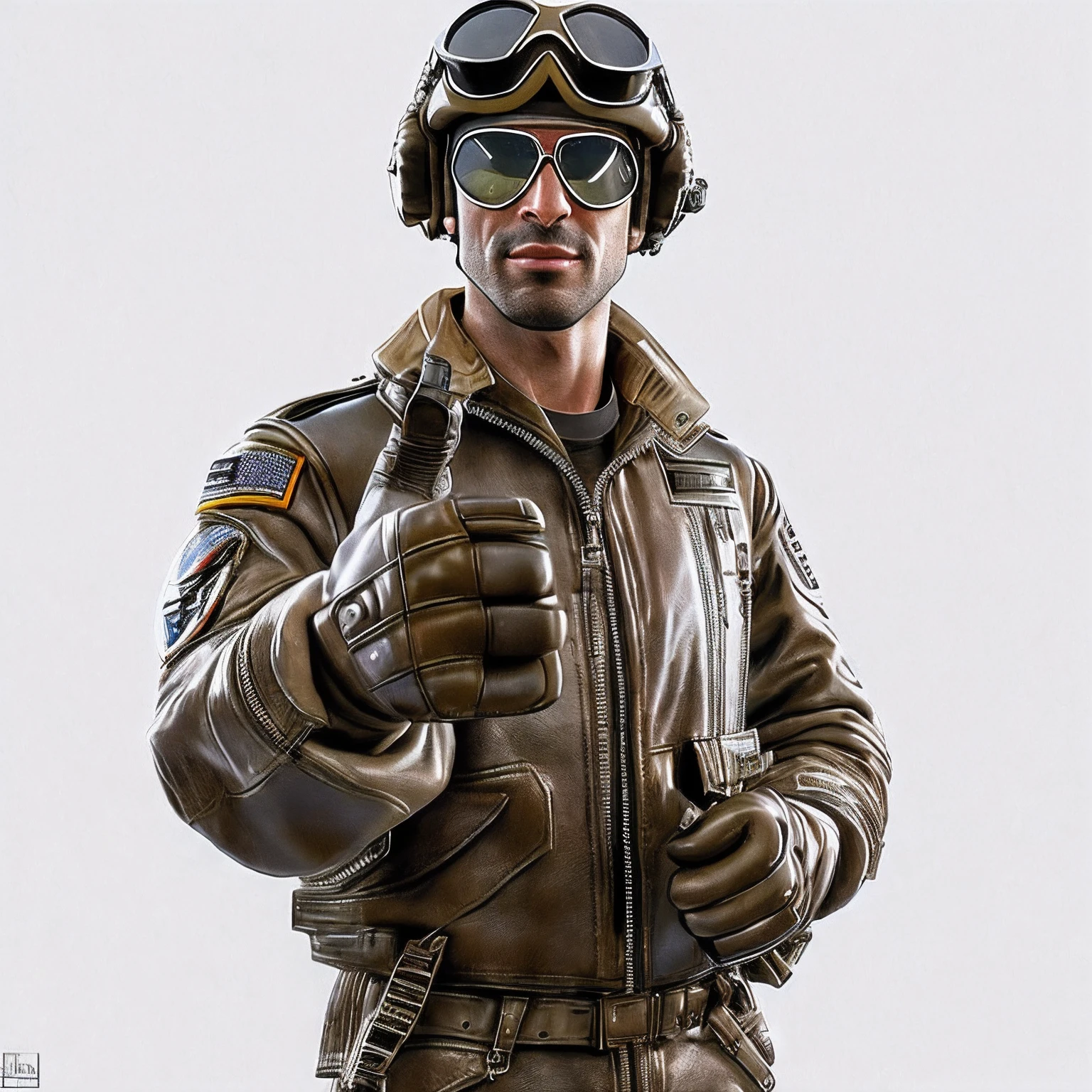 arafed man in a leather jacket and goggles giving a thumbs up, flight suit and gloves, stylised military clothes, highly realistic concept art, ultra realistic concept art, white american soldier, medic, wearing a flying jacket, leather pilots uniform, col price, pilot outfit, soldier clothing, soldier outfit, 3 d character concept artwork, wearing human air force jumpsuit