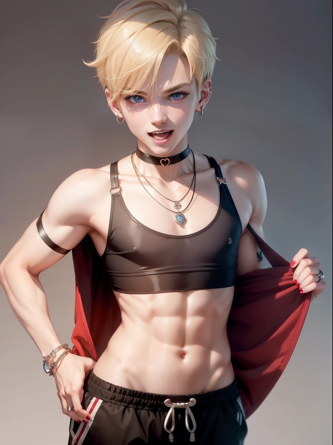 Bra Top, cute little、blonde guy, Jewelry, Ring, Blonde hair, Solo, Red heart symbol, earrings, Red Eyes, Looking at the viewer, Red Nails, Short hair, Undercut, a smile, One Boy, Necklace, Open mouth, Male Focus, Jersey pants, Navel, Choker, off shoulders,simple background、V