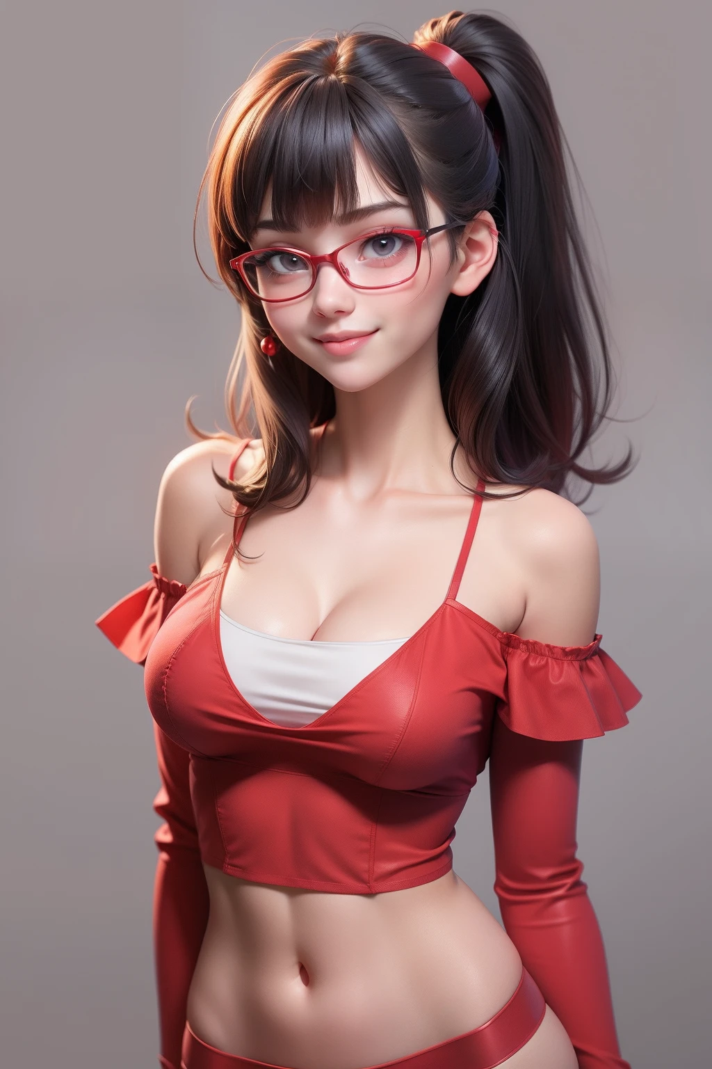 (best quality, highres:1.2), 1girl, beautiful detailed eyes, beautiful detailed lips, extremely detailed eyes and face, long eyelashes, medium:oil painting, vivid colors, HDR, studio lighting, ultra-fine painting, sharp focus, physically-based rendering, extreme detail description, portraits, curvy body, big breasts, perfect shape, showing armpit, facing viewer, sweaty, gorgeous, arms up, half body picture, appearing in full frame, sleeveless turtleneck, glasses