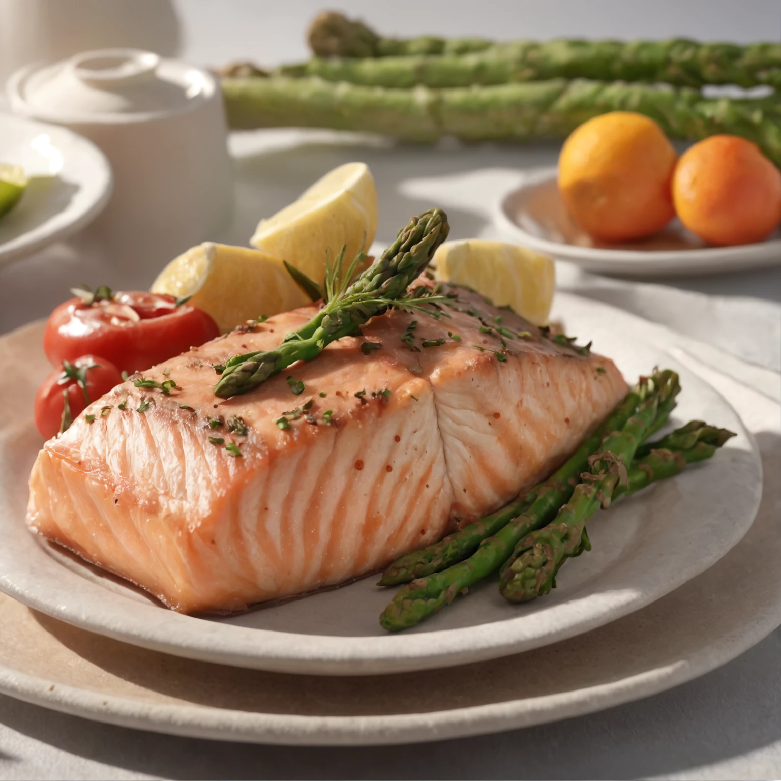 (Professional 3D rendering:1.3) de (Realistic:1.3) Foto de arte mais bonita do mundo, Features grilled salmon with asparagus, 8k unidade render, prato detalhado, (vibrante, fotogrdeia realista, Realistic, Dramatic, Escuro, foco nítido, 8k), (intrincado:1.4), decadente, (altamente detalhado:1.4), pintura digital, rendering by octane, art stations, Conceito-Arte, liso, foco nítido, illustration, germe da arte, (Loish:0.23), (global ilumination, studiolight, Light Volumetric)