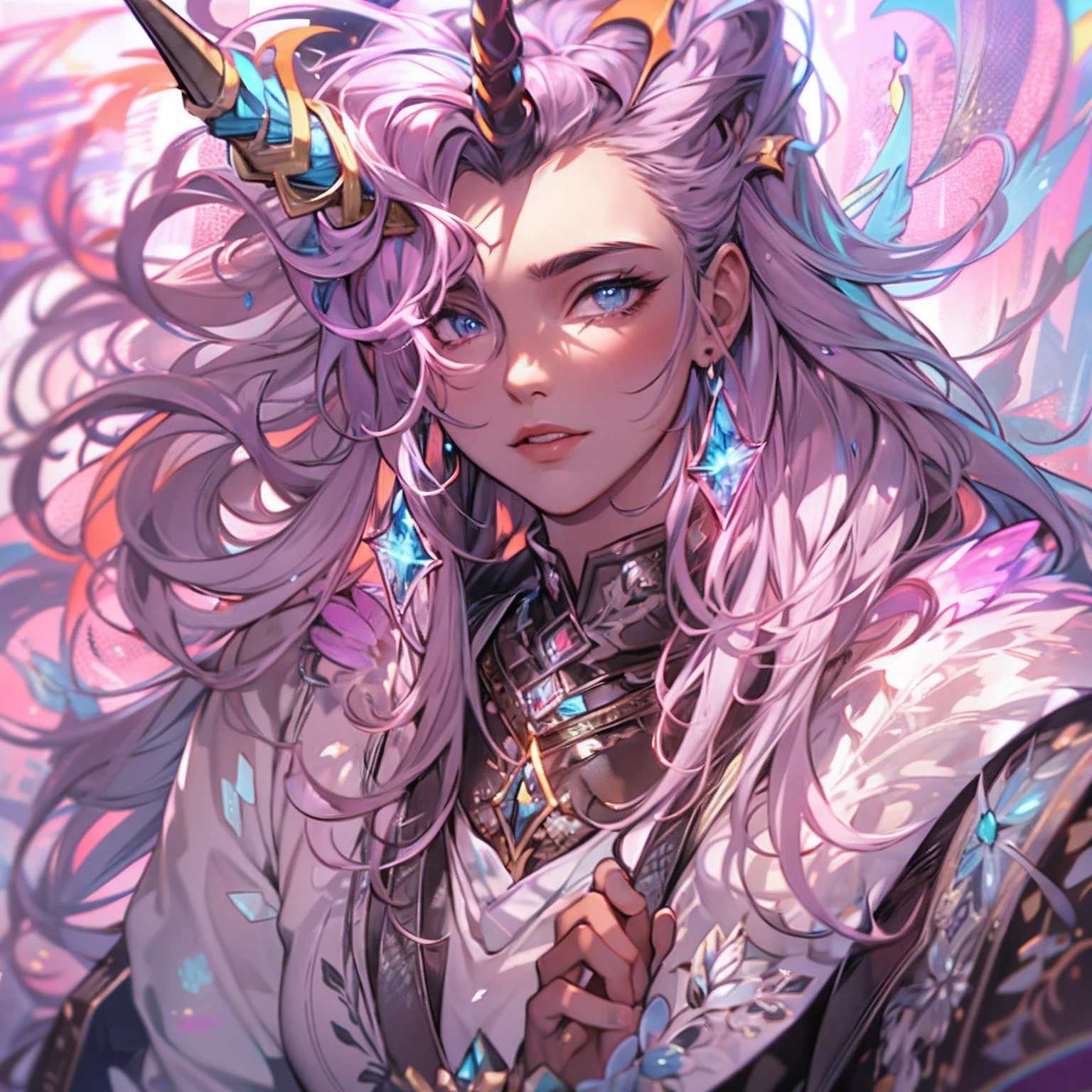 A beautiful man with a unicorn horn on forehead, 1horn(2D, painting, illustration, masterpiece, intricate detail, ultra-detailed, highest resolution, best quality, ultra quality, sharp & smooth, best{shading & lighting}:0.9),(distortion, Beautiful luminescence and transparency:1.25),(realistic:0.6),high contrast,