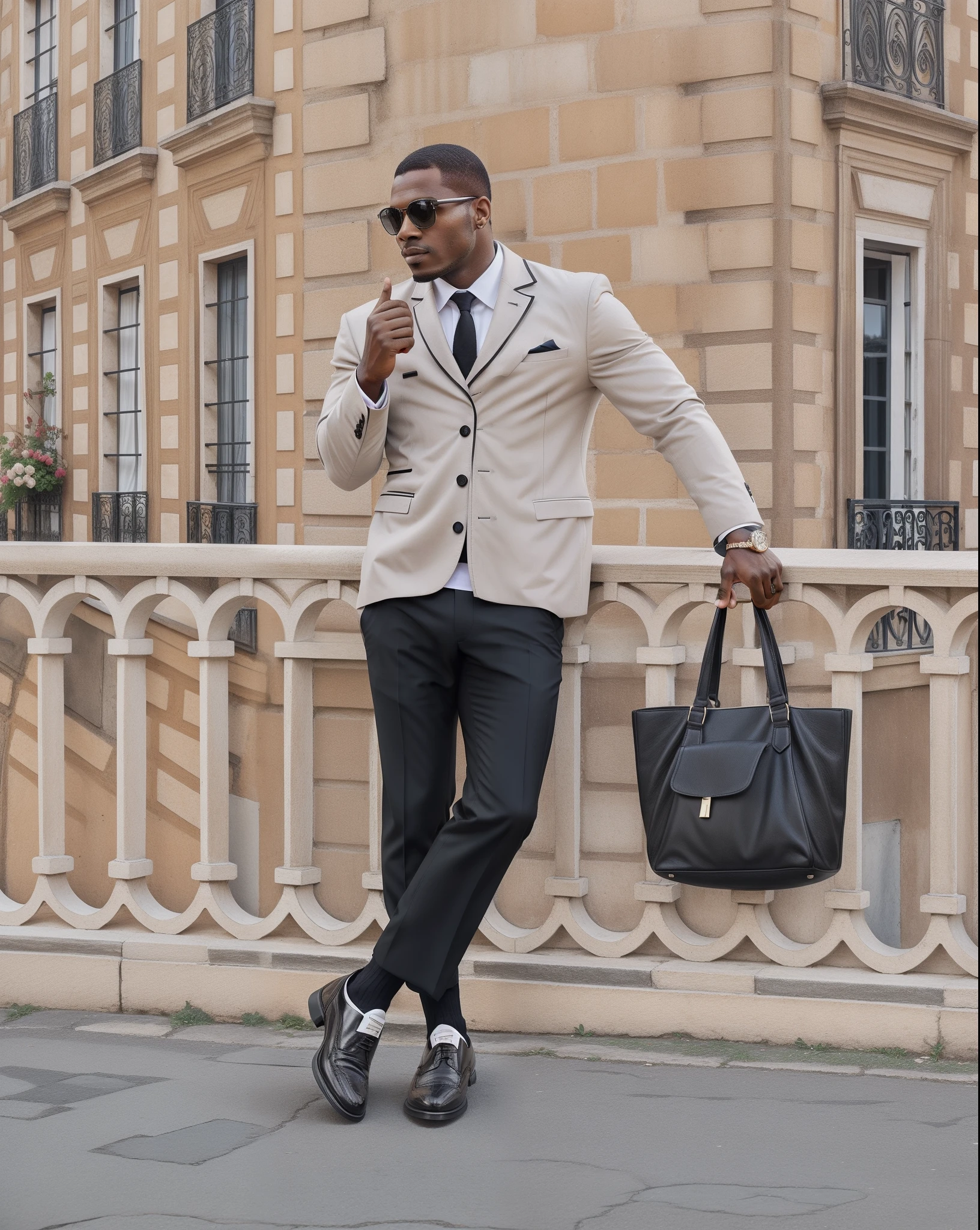 Very stylish black man, in the background a French-style building