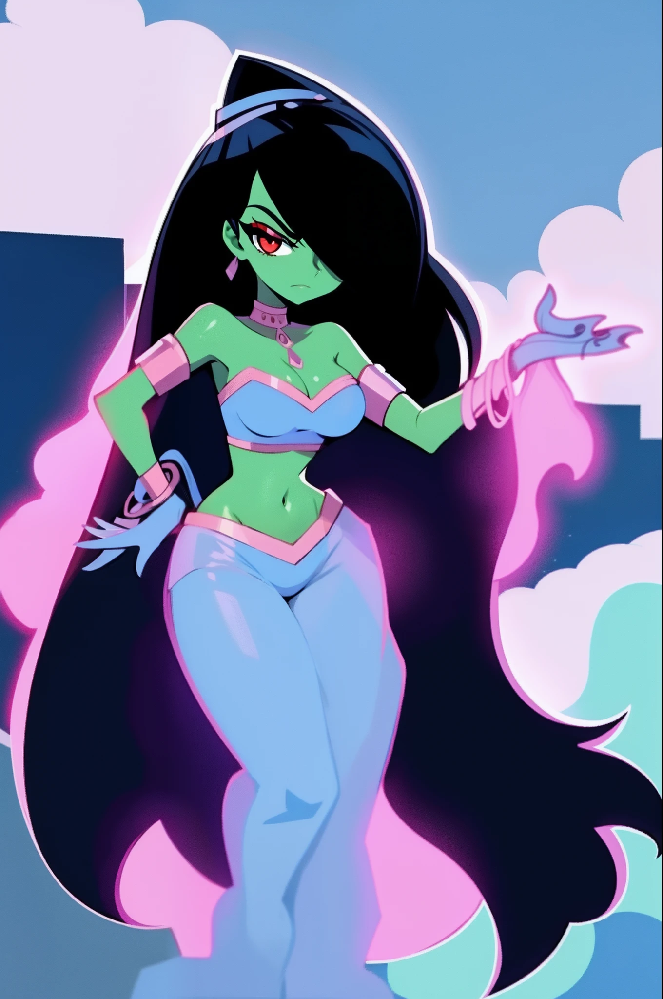 ((masterpiece,best quality)), absurdres, <lora:Desiree_Danny_Phantom:0.9>, Desiree_Danny_Phantom, solo, hair over one eye, smiling, looking at viewer, cowboy shot, cinematic composition, dynamic pose