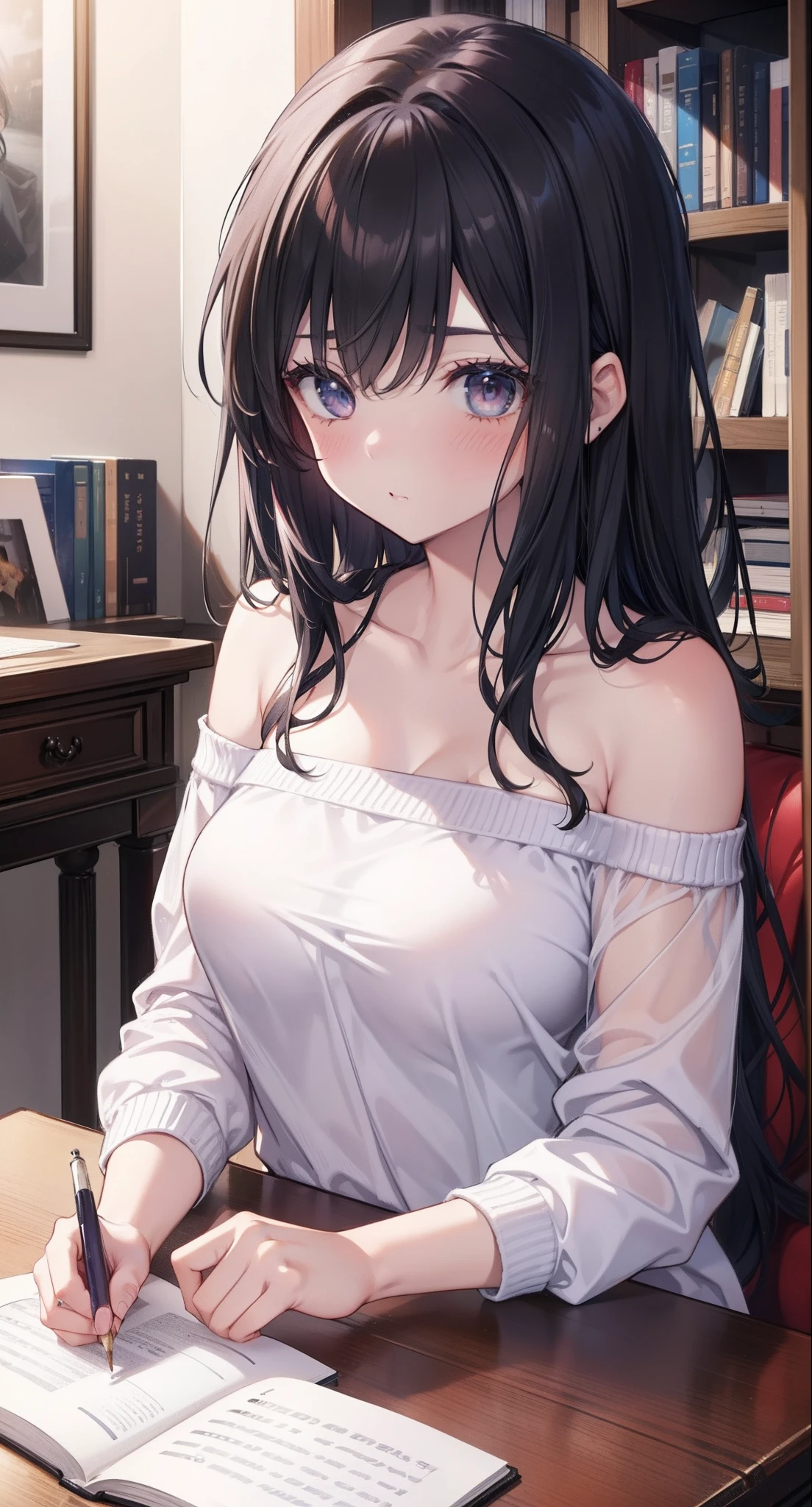 （tmasterpiece），（best quality），（highly detailed），（illustratio），（ultrahigh-resolution）a girl，off-the-shoulder costume，amazement，tutor，black color hair，straight long hair，white shirt，mature woman,   Blushing intensely,   19-year-old woman，Big breasts，pouting ，Top-down view，Close-up photo，Write homework，Indoor in the bedroom，Bookcases，Tables