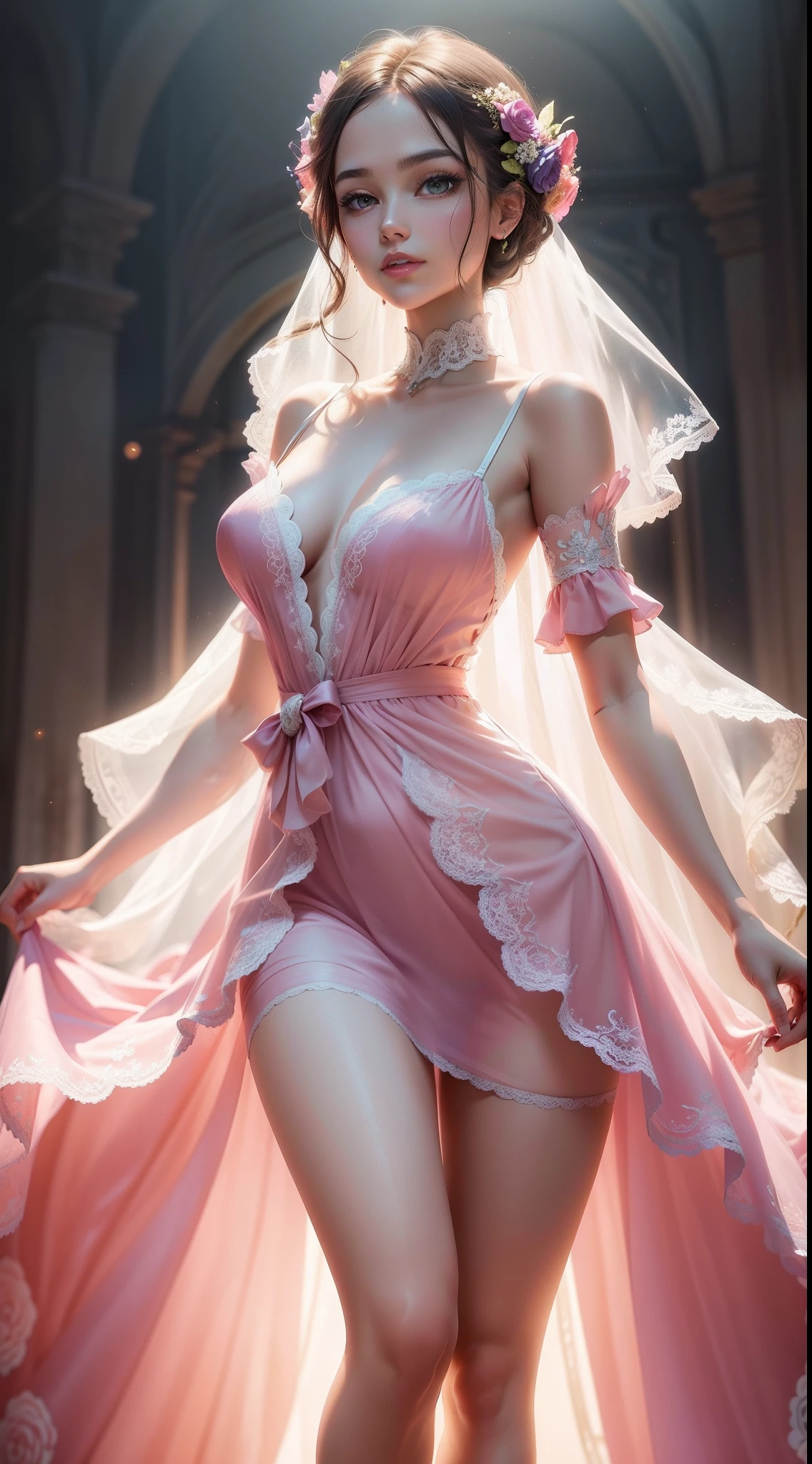 ((mannequin)), To design a charming and unique dress that catches the eye, I will inspire the design of the dress from the beauty and bright colors of nature, The dress will be elegantly long and elegantly loose on the floor, made of light fabric and gently drop-down to enhance the aesthetics of the movement, I will use bright and bright colors inspired by the colors of flowers and landscapes. The dress will be light pink color with sparkly floral details, I will add touches of elegance and uniqueness across the collar and sleeve design, The V-neck may be decorated with delicate embroideries, and the sleeves are short and puffy to give the dress a romantic and feminine touch, To highlight the beauty of stature, I will add a thin belt at the waist to define it and highlight the natural beauty of the body, To add an extra magical touch, I'll use a transparent, embroidered canvas to show some skin in a delicate and elegant way, (realistic dress), ultra realistic, 8k, Light and cool lighting, photo realistic, Cel shaded, Gel lighting, ultra details, ultra details dress