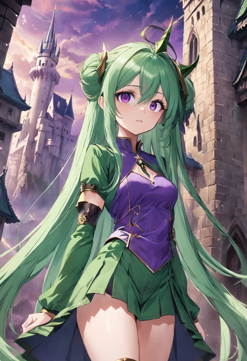 Purple eye,Long green hair,magia,Castle fantasy,Green clothes,Good-looking legs, Ultra photo realsisim, Castle,hair adornments,pointy-eared